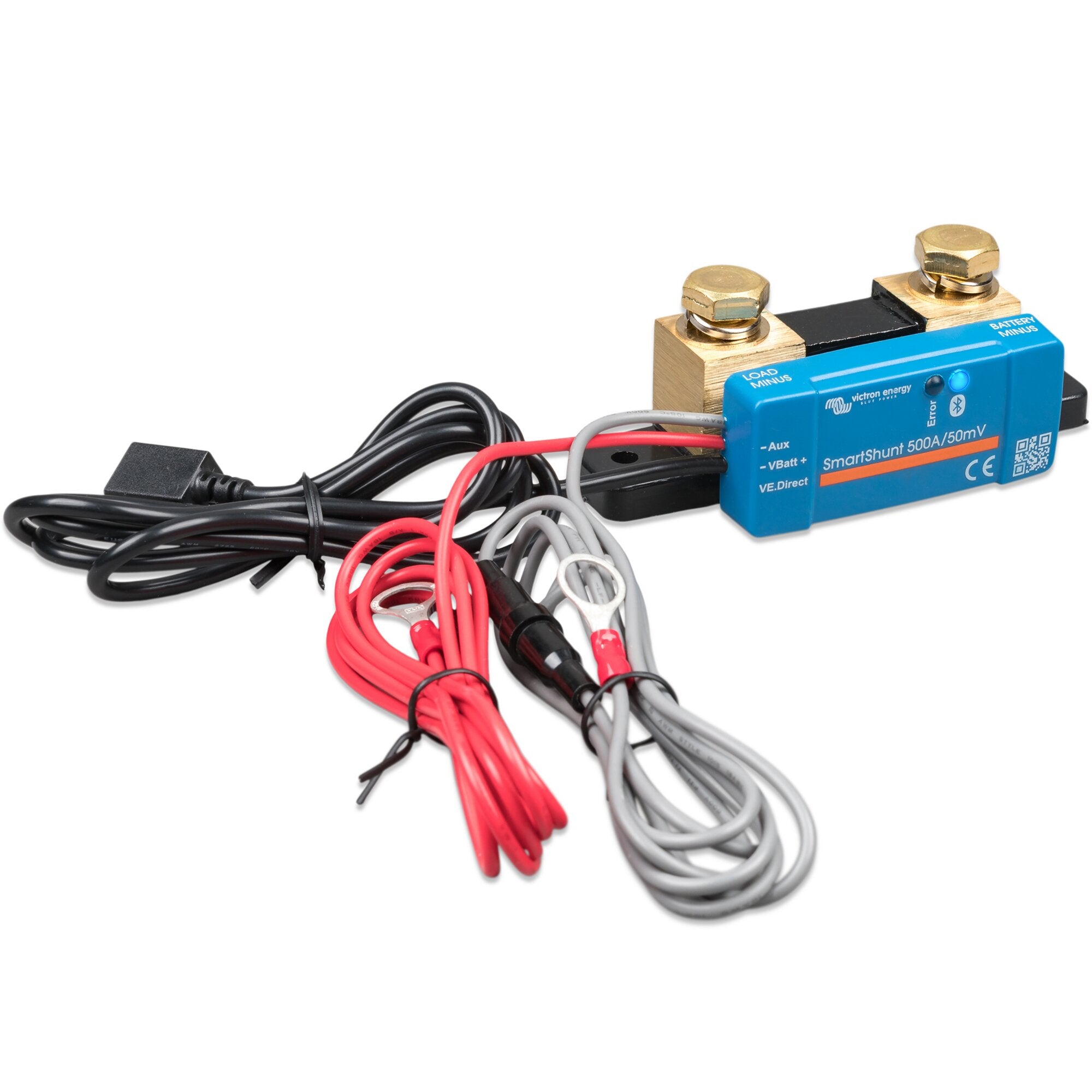 SmartShunt 500A/50mV Batteriewächter mit blauem Gehäuse, zwei goldene Klemmen oben und vielen roten schwarzen und grauen Leitungen