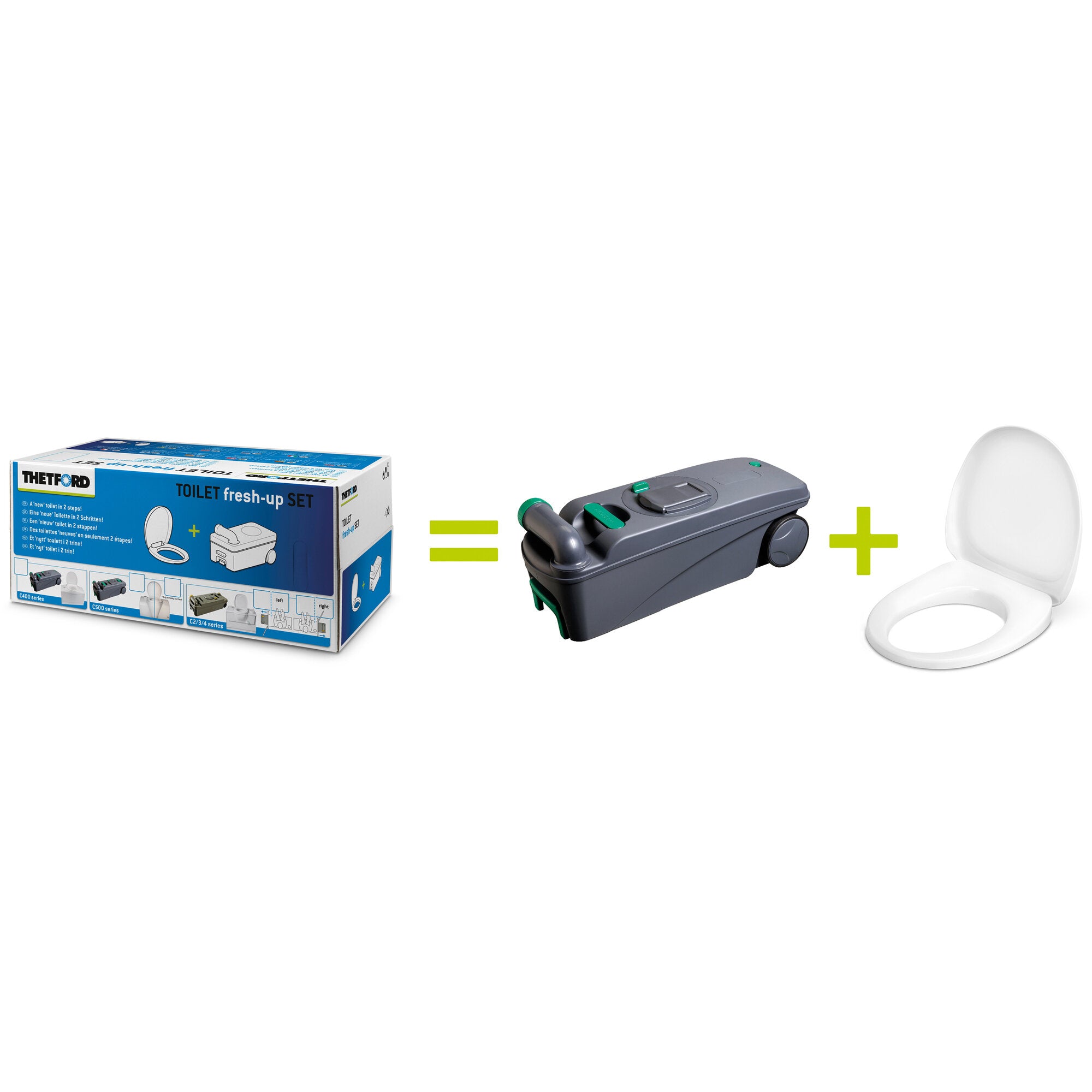 Blau verpacktes Fresh-Up-Set für Campingtoilette, sichtbar graues Kunststoffgehäuse mit grünen Knöpfen und ein weißer Toilettensitz daneben