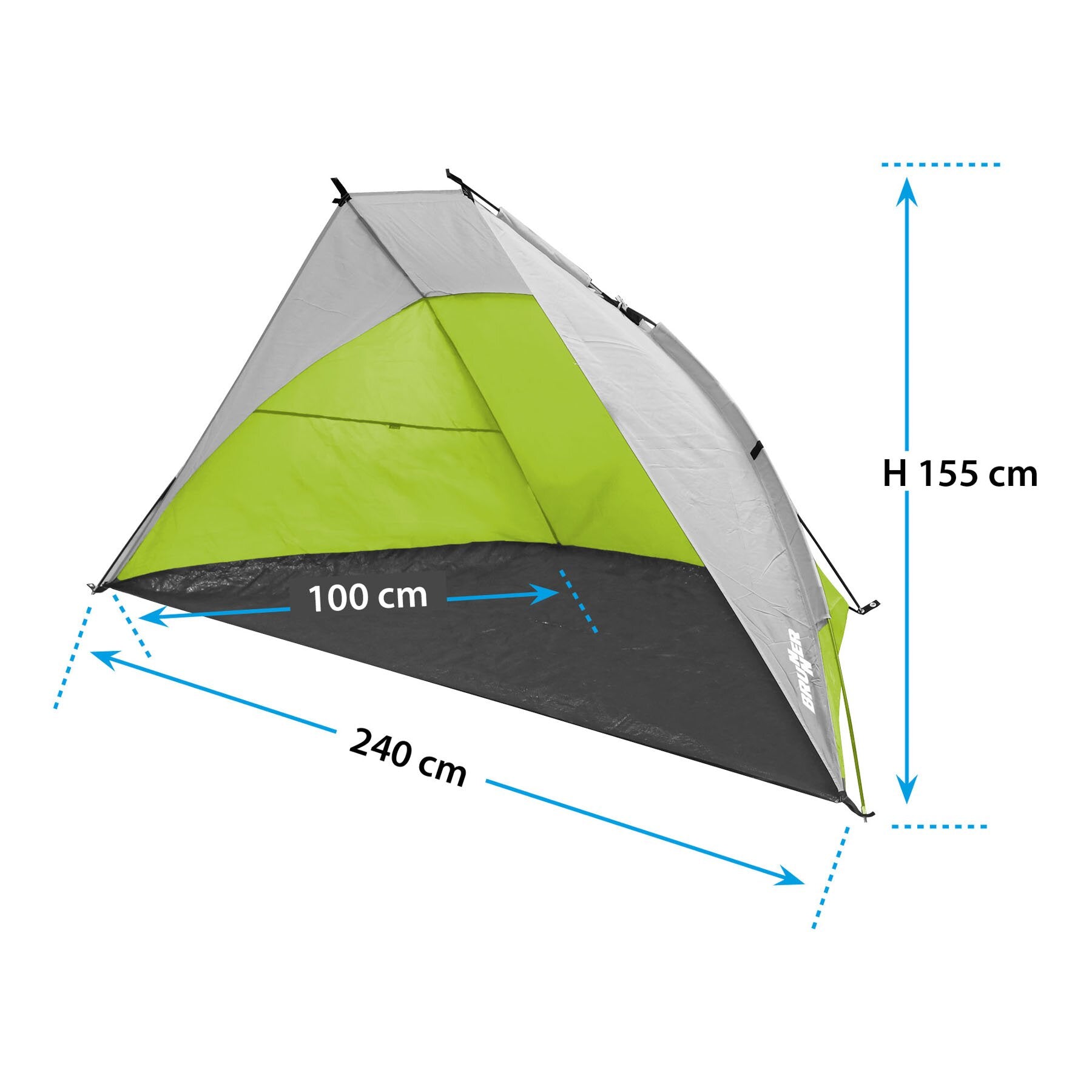 Strandmuschel Tonga Neon-Grün und Grau, seitliche Sicht eines Zeltes mit schwarzem Boden, Abspannseile, Maße 240 cm Länge und 155 cm Höhe