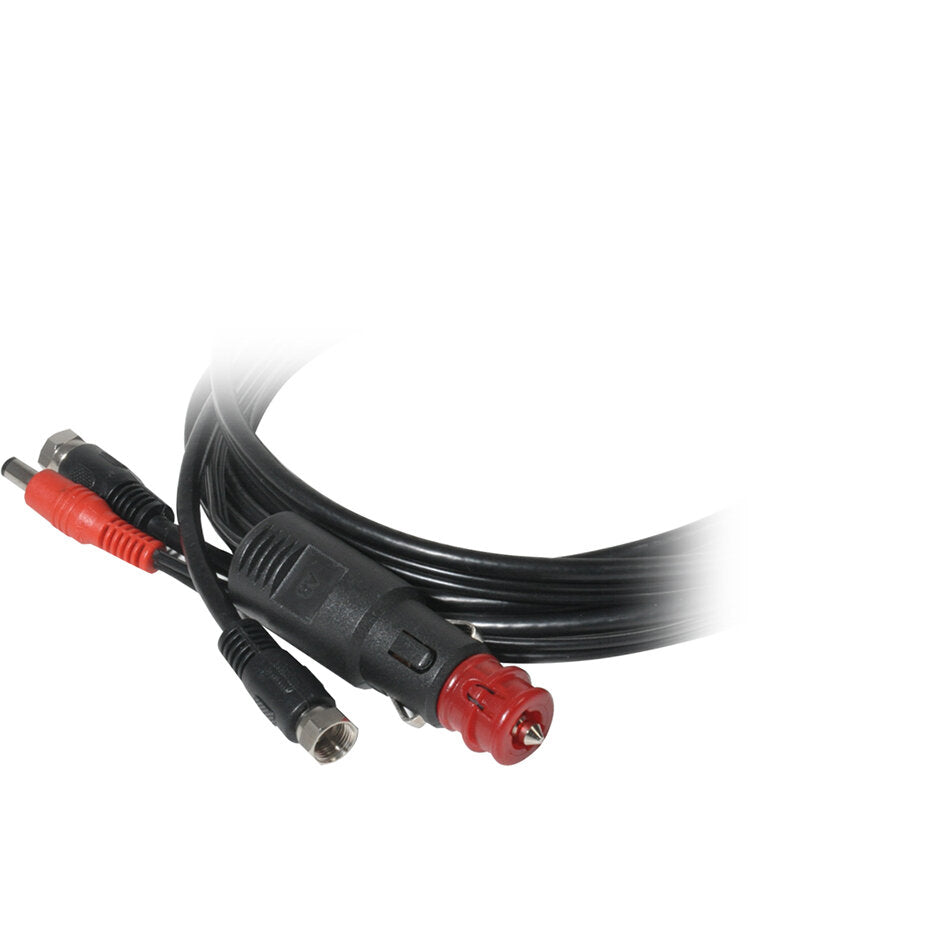 Schwarzes Kabel mit mehreren Steckverbindern, aufgewickelt; roter runder 12-V-Stecker, schwarzer Adapter, Metallstecker sichtbar am Kabelende