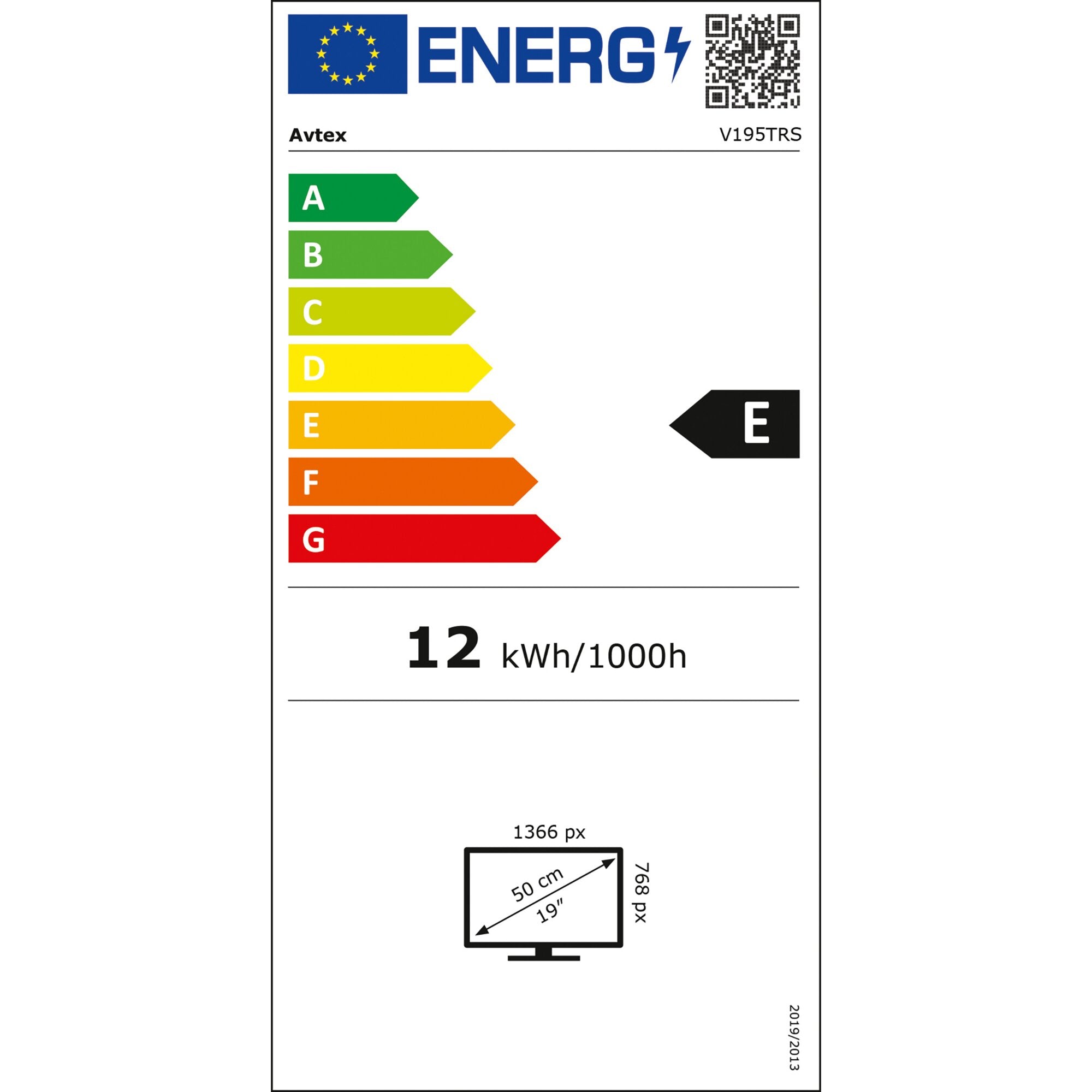 EU-Energiekennzeichnung eines 19,5 Zoll TFT-LED-Fernsehers mit Farbbalken A bis G, QR-Code, Modell V195TRS, Verbrauch 12 kWh/1000h
