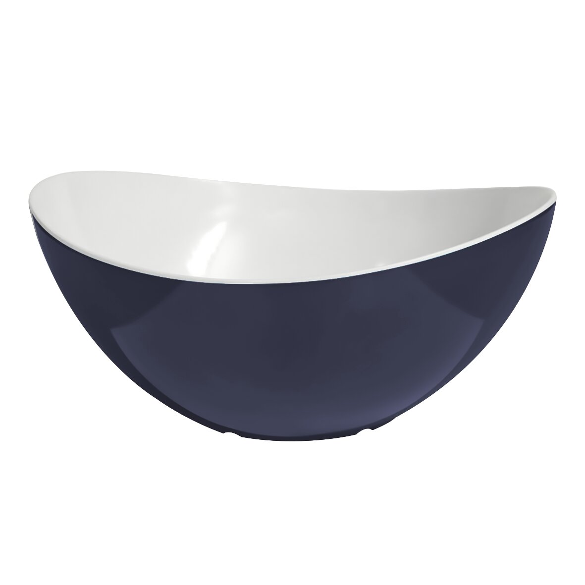 Blaue Salatschüssel mit weißer Innenfläche, halbrunde Form, Außen dunkelblau, Boden mit kleinen Erhebungen sichtbar