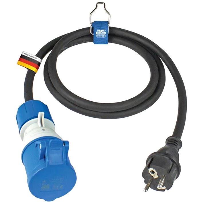 Adapterkabel Schuko/CEE 1,5 m mit blauem CEE-Stecker links und schwarzem Schuko-Stecker rechts, Kabel mit Halteband