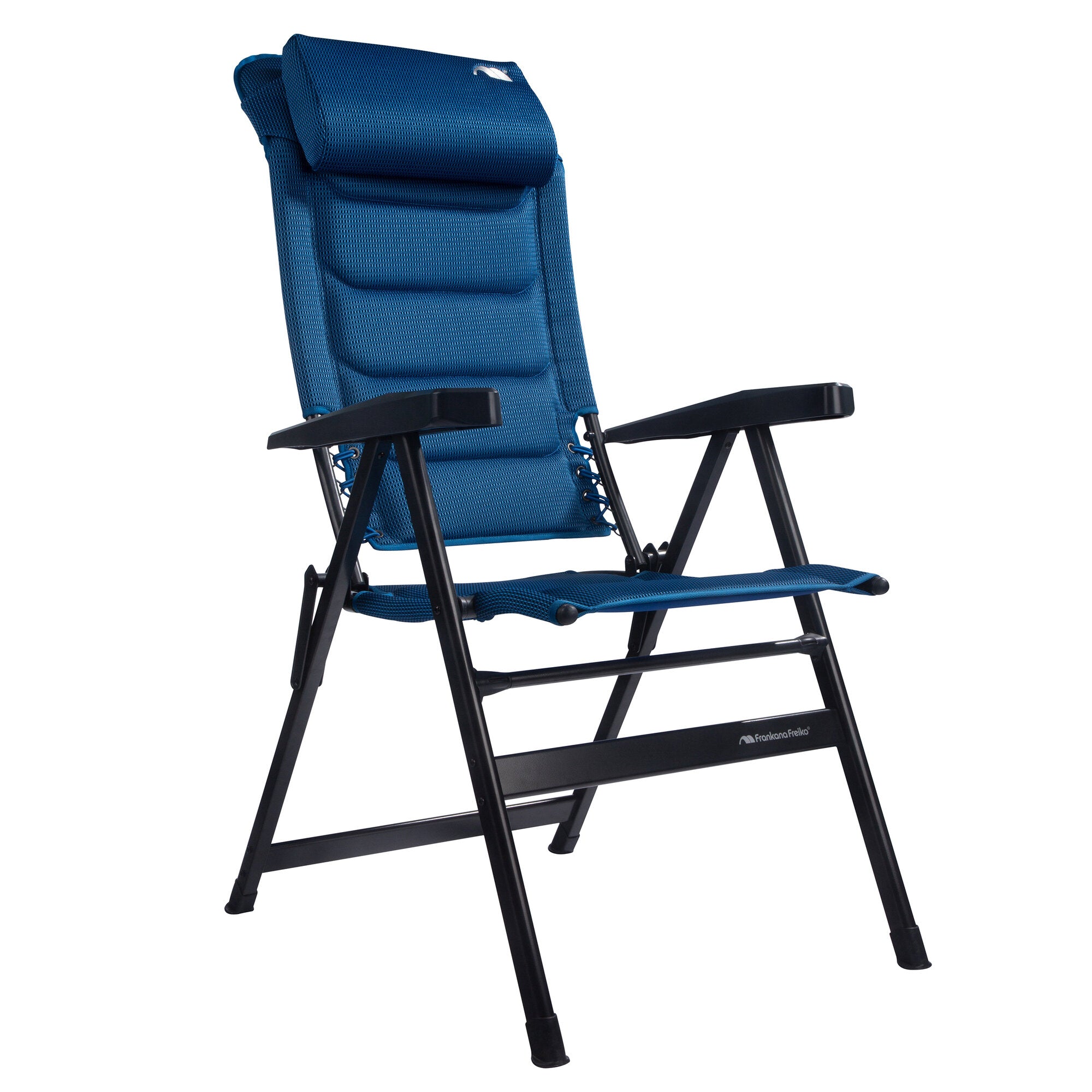 Blauer Campingstuhl HighQ Comfortable mit gepolstertem Kopfkissen, Mesh-Gewebe, schwarzem Metallrahmen und Armlehnen