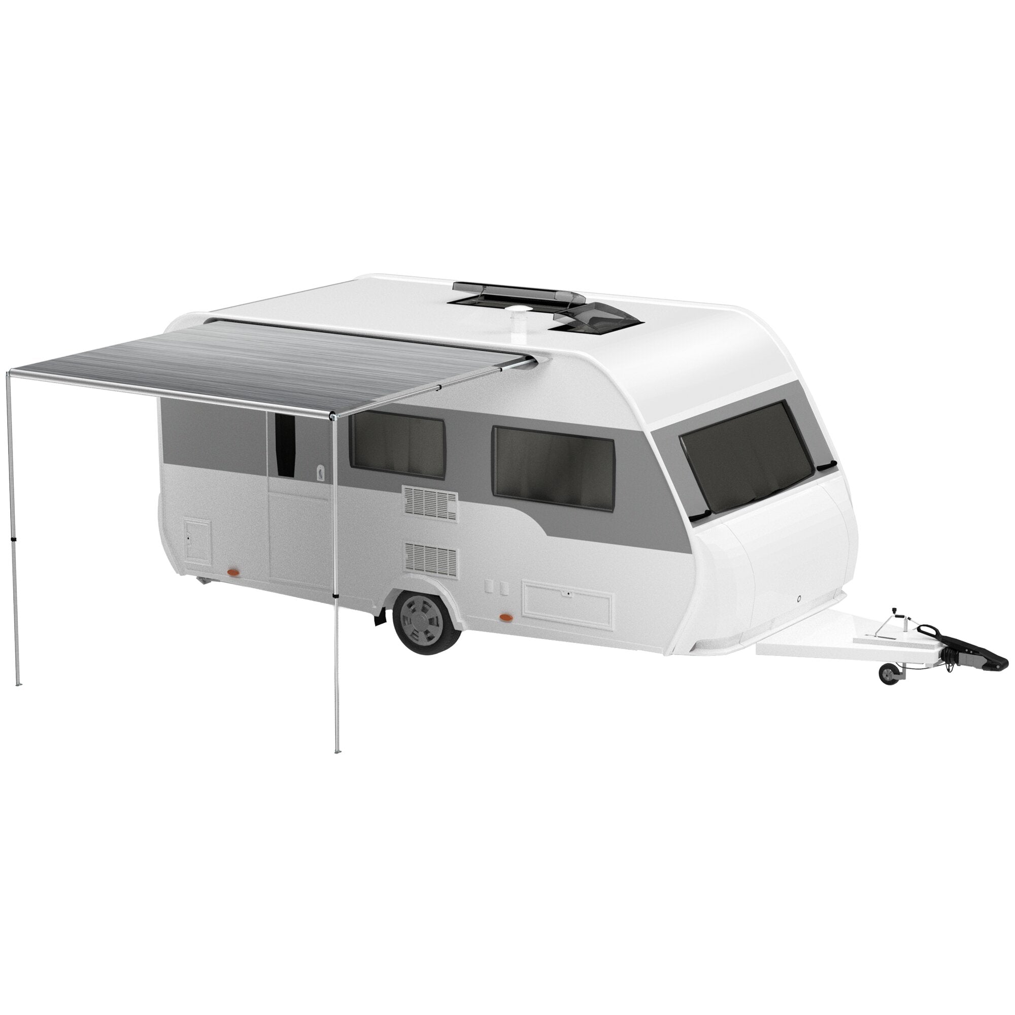 Seitenansicht eines Caravan mit ausgezogener Markise CaravanStore EVO ZIP 320 Royal Grey, zwei Stützen, Front mit Fenstern und Kupplung