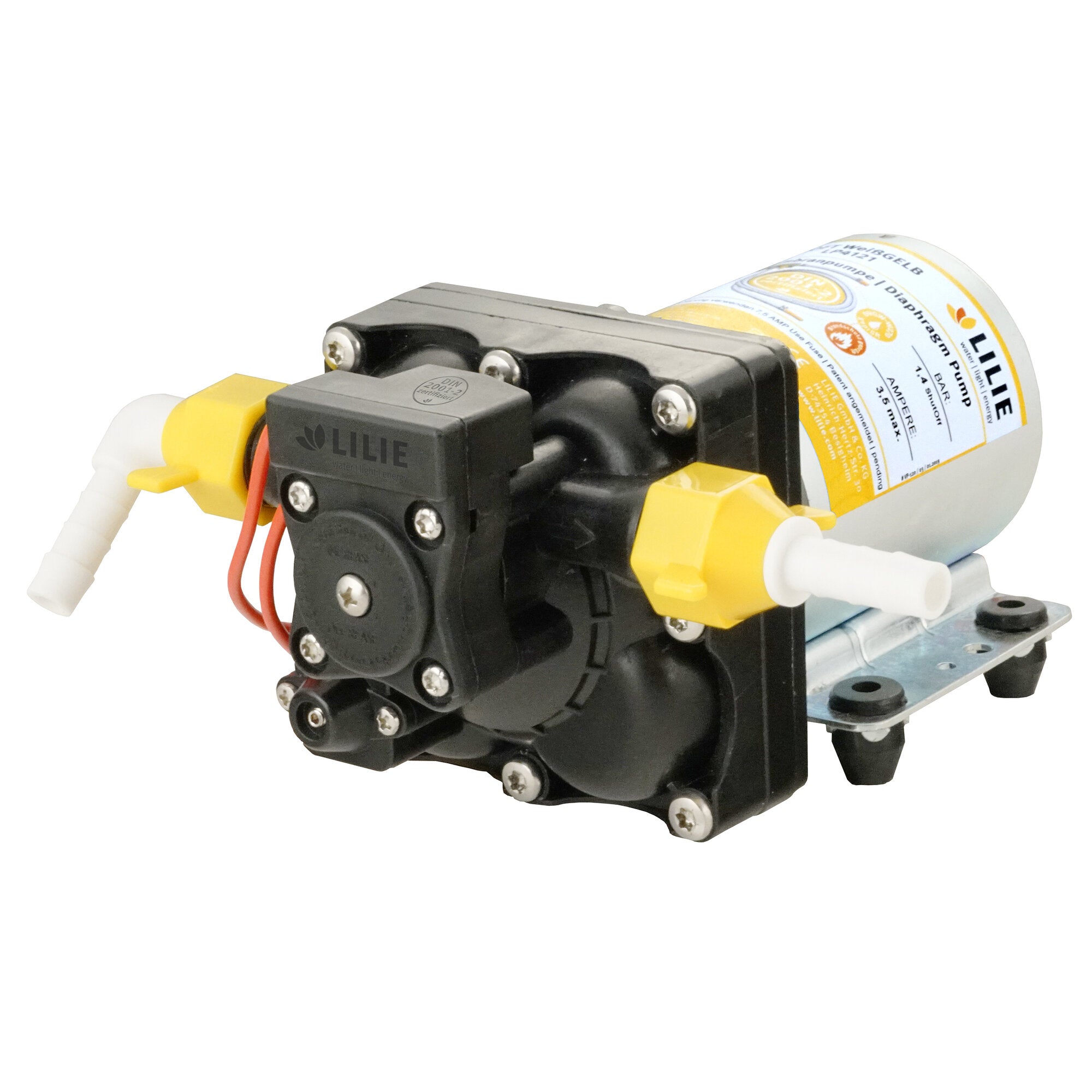 Membranpumpe der SOFTSERIE Trinkwassersystem Weiß-Gelb, Detail eines schwarzen Pumpenkopfes mit gelben Endstücken und weißen Schläuchen