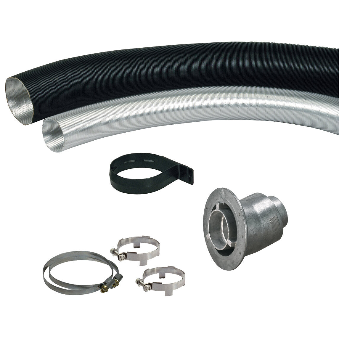 Schläuche in schwarz und silber, Metalladapter mit Flansch, Halterung, zwei Schlauchklemmen und Befestigungsteile – Wandkaminset ZR 80