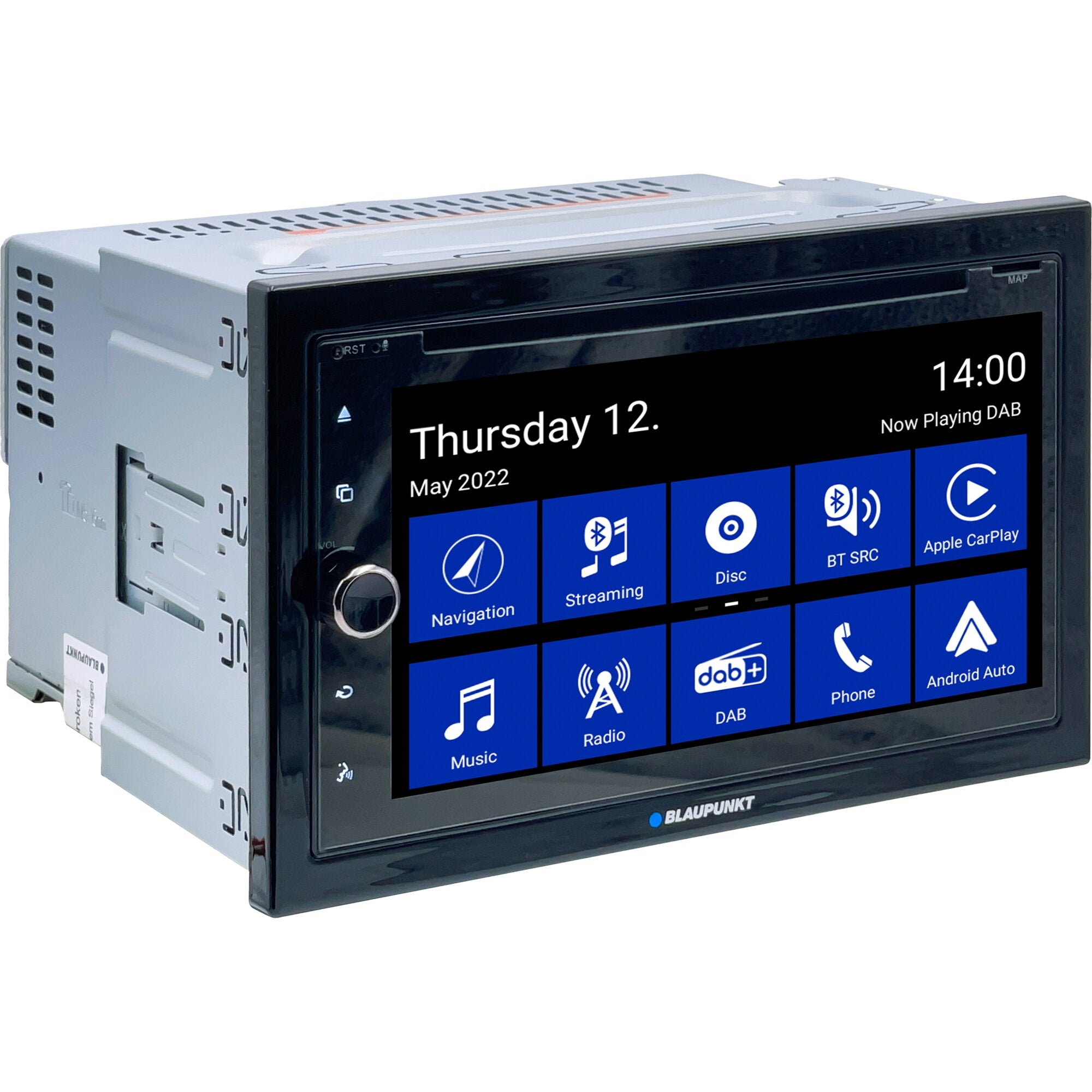 Navigationssystem Blaupunkt Camper 700 DAB mit großem Touchscreen, schwarzer Rahmen, blaue App-Symbole, seitliches Metallgehäuse und Blaupunkt-Logo unten