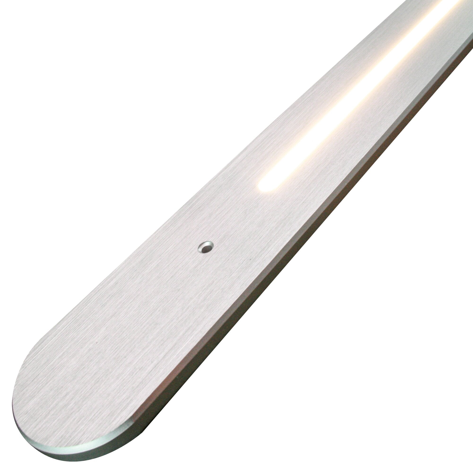 Silberne Aluminiumleiste mit integrierter LED-Leiste, diagonale Ausrichtung, runde Endkappe und sichtbares Schraubenloch