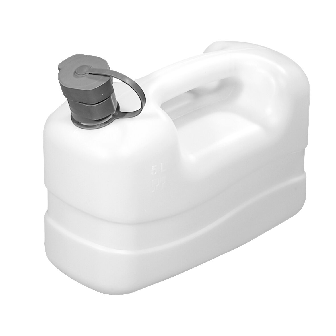 Weißer Kunststoff-Wasserkanister mit ergonomischem Griff, grauem Deckel und Ringverschluss, seitlich mit 5 L markiert