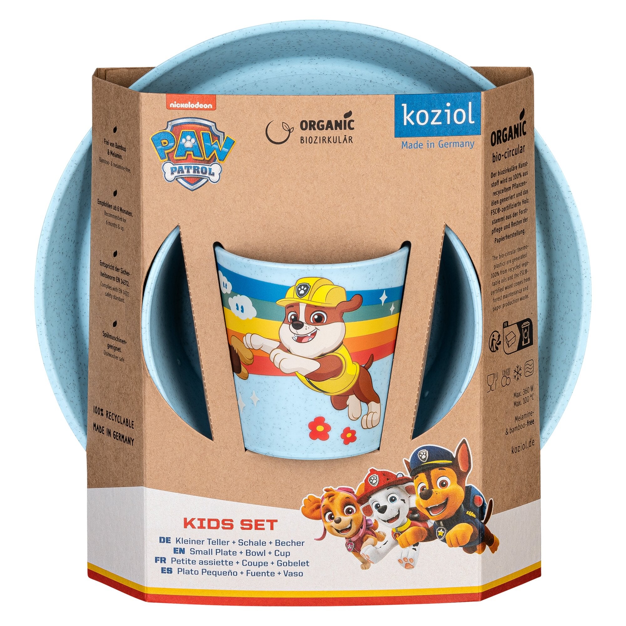 Paw Patrol Kindergeschirr-Set mit hellblauem, gesprenkeltem Design, Becher mit Motiven, Verpackung aus braunem Recyclingkarton mit Logo