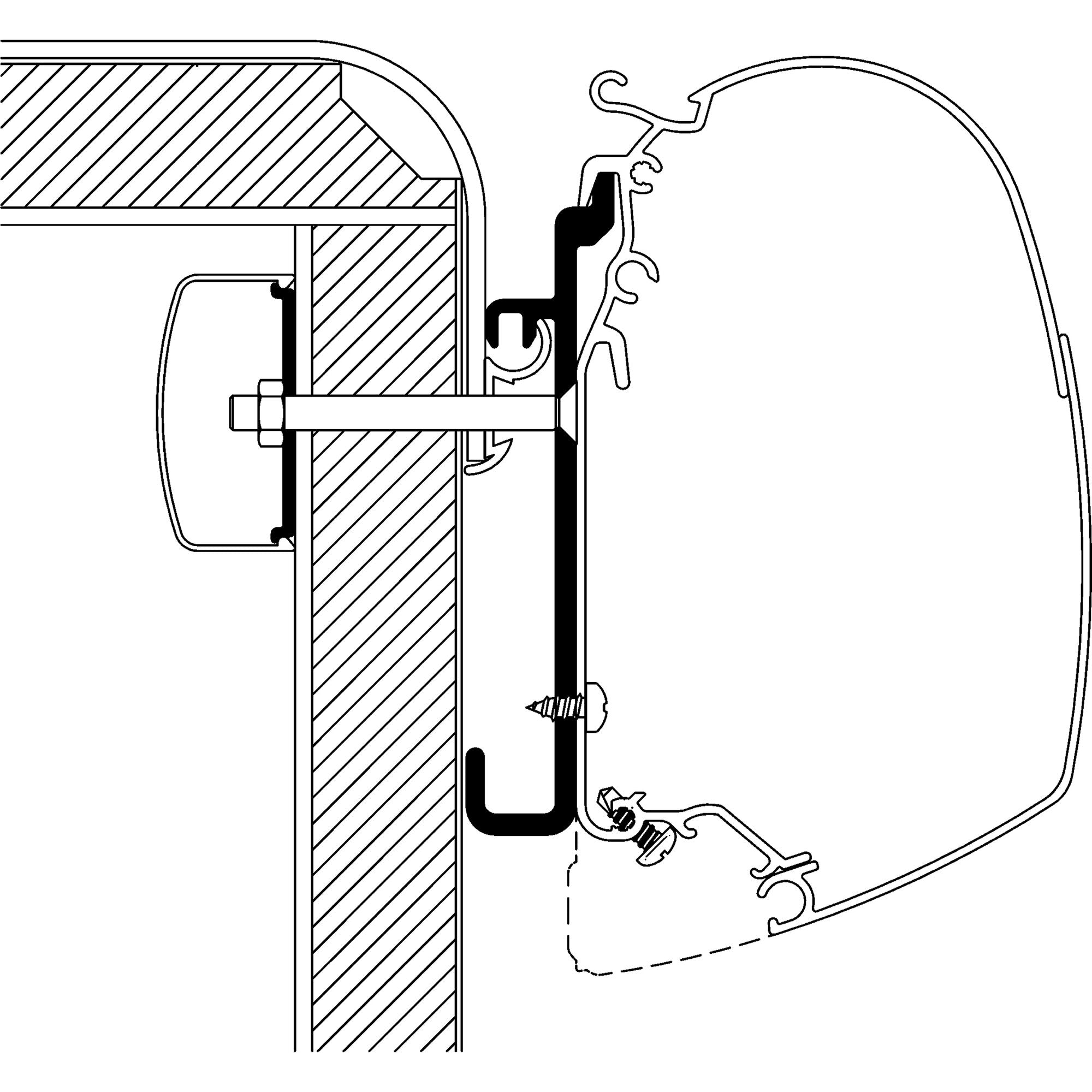 Technische Schnittzeichnung eines Adapters für Rapido Serie 9 zu TO Serie 5/8; sichtbar sind ein schraffiertes Trägerelement, Schraubverbindung und rundes Gehäuse