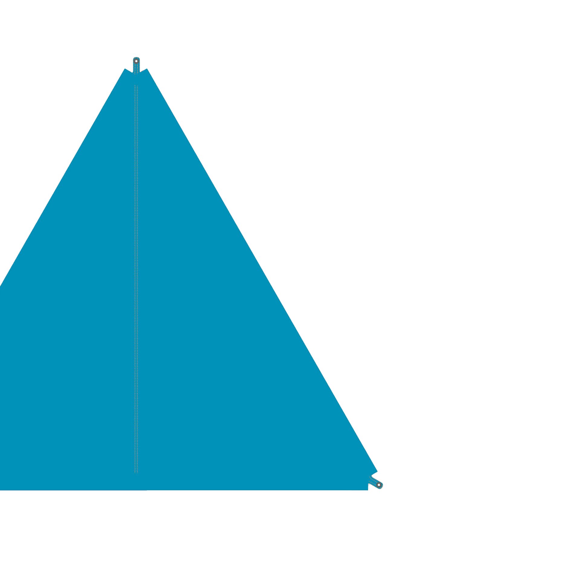 Sonnensegel in Hawaiian Ocean Blau, dreieckige Form, zentrale Reißverschlussnaht, obere Spitze mit Öse, Öse unten rechts