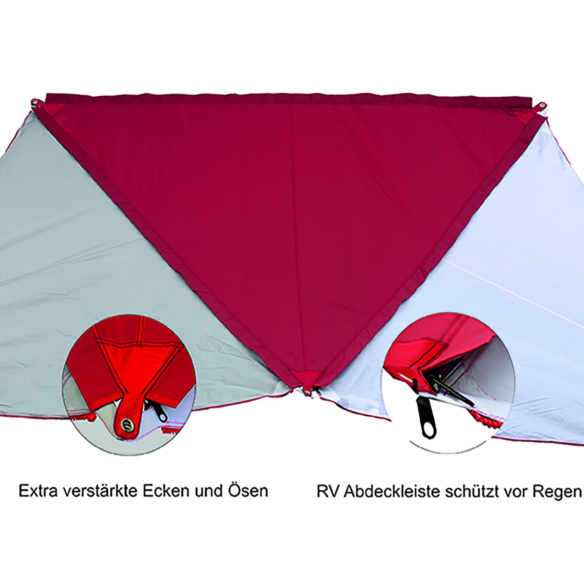 Sonnensegel TC-Zip Protect Canvas Barbados Cherry, Nahaufnahme roter Segelstoffkante mit verstärkten Ecken, Ösen und Befestigungsschlaufen
