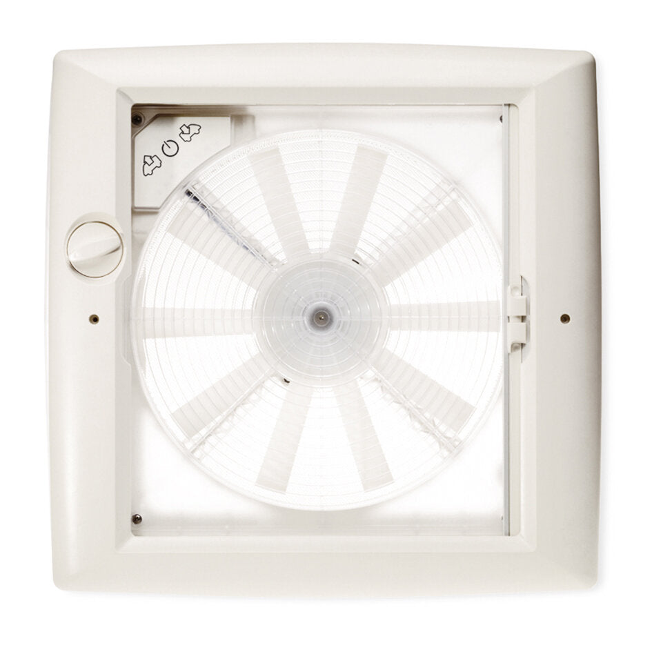 Weißer Dachhauben-Ventilator mit rundem Lüfterrad hinter quadratischem Gehäuse, seitlich Drehknopf und Bedienelementen mit Symbolen