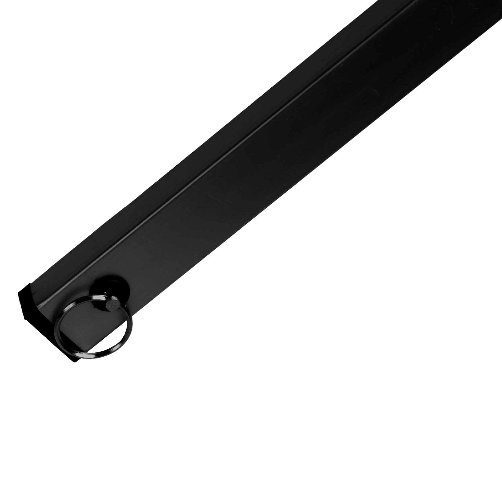 Nahaufnahme einer schwarzen, matten Metallstange mit einem runden Metallring am unteren Ende, Teil einer Wäschespinne