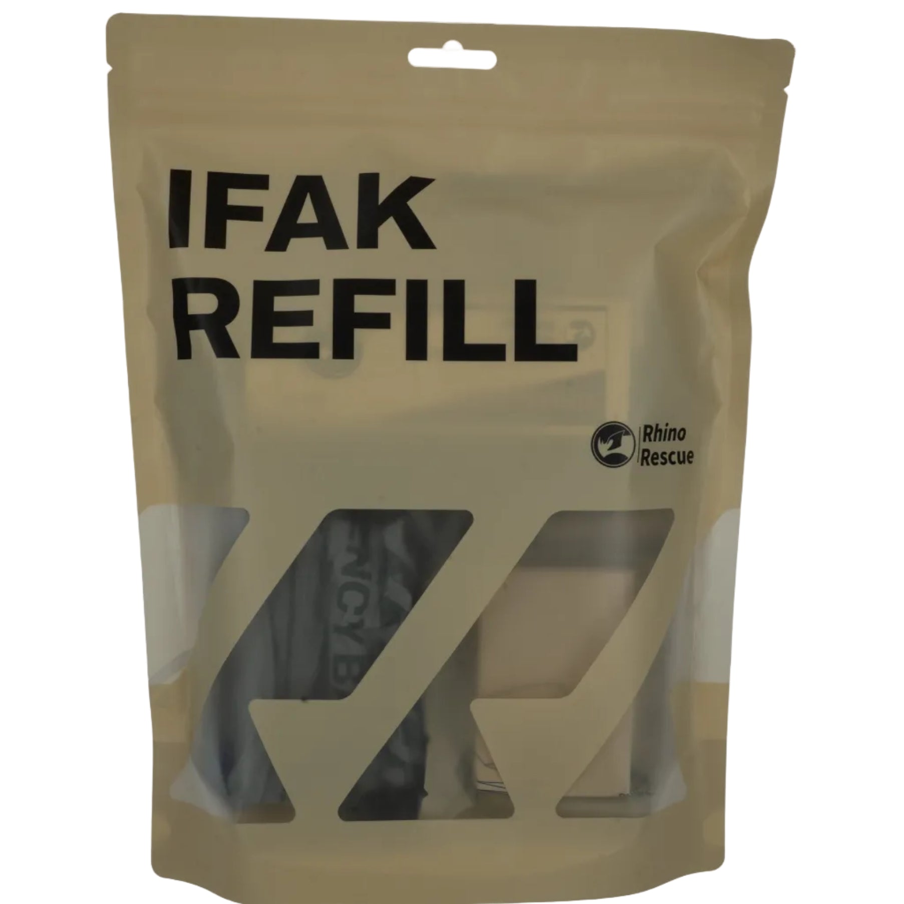 Beiges, wiederverschließbares Kunststoffbeutel mit schwarzem Schriftzug „IFAK REFILL“ und durchsichtigem Bereich, durch den.