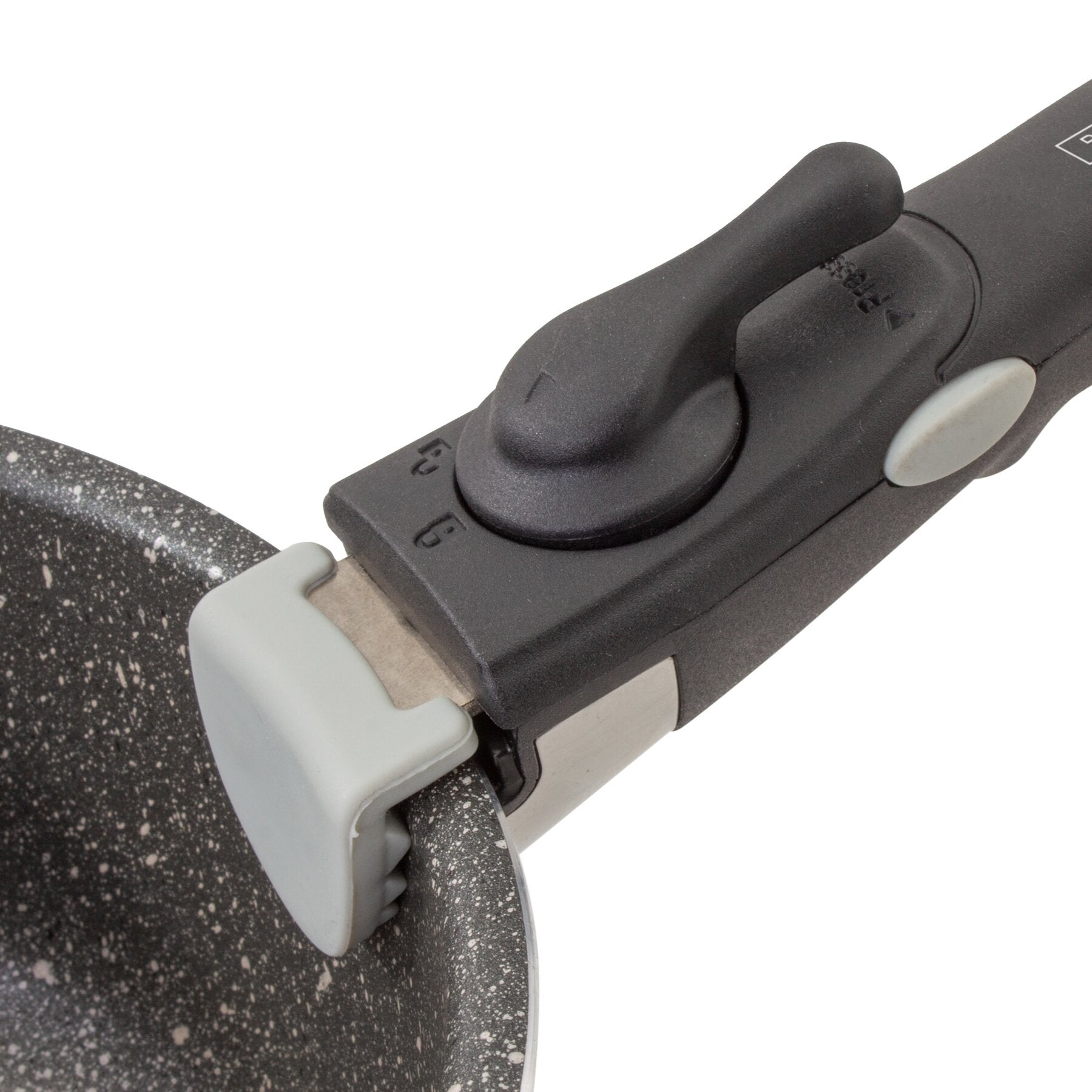 Nahaufnahme eines Pfannenbodens mit grauer Granitoptik, klappbarem Griff und schwarzer Verriegelungseinheit