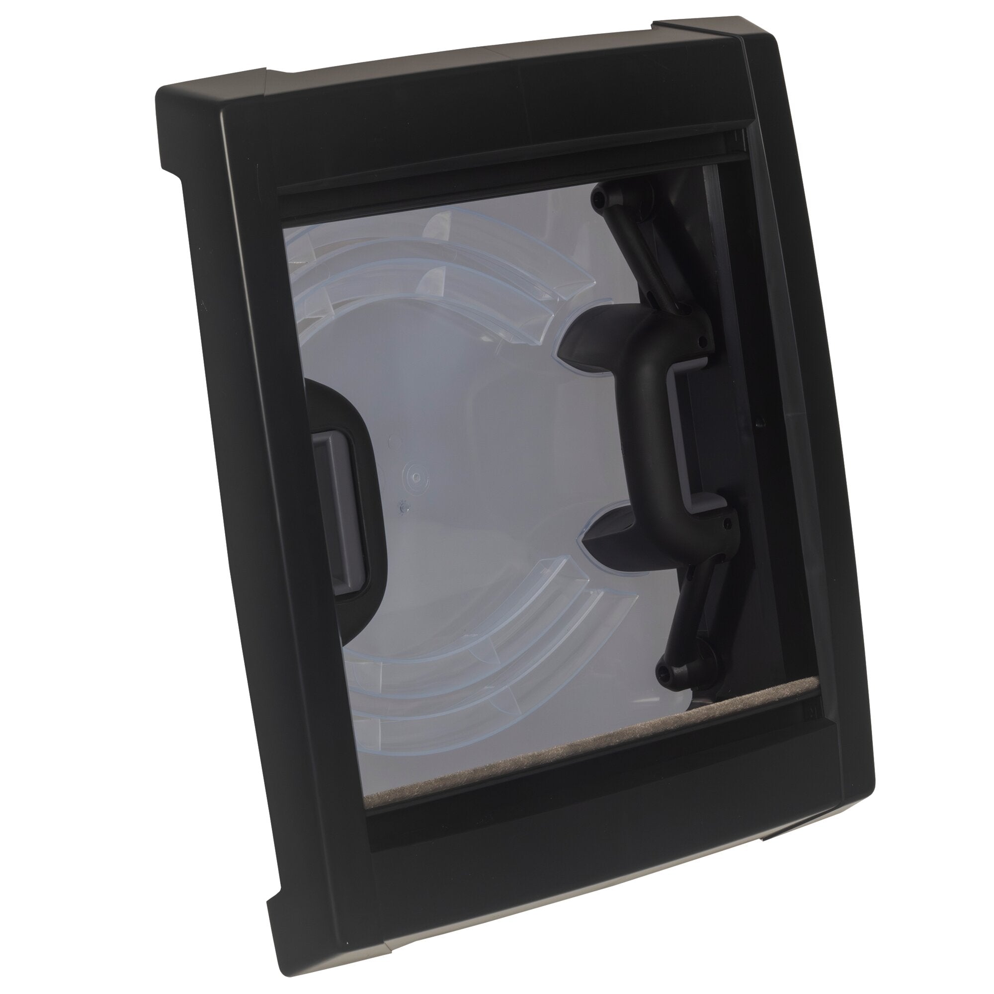 Schwarze Dachhaube VisionVent S pro mit Fliegengitter und Verdunkelung, Gehäuserahmen und transparente Front mit Öffnungsmechanik