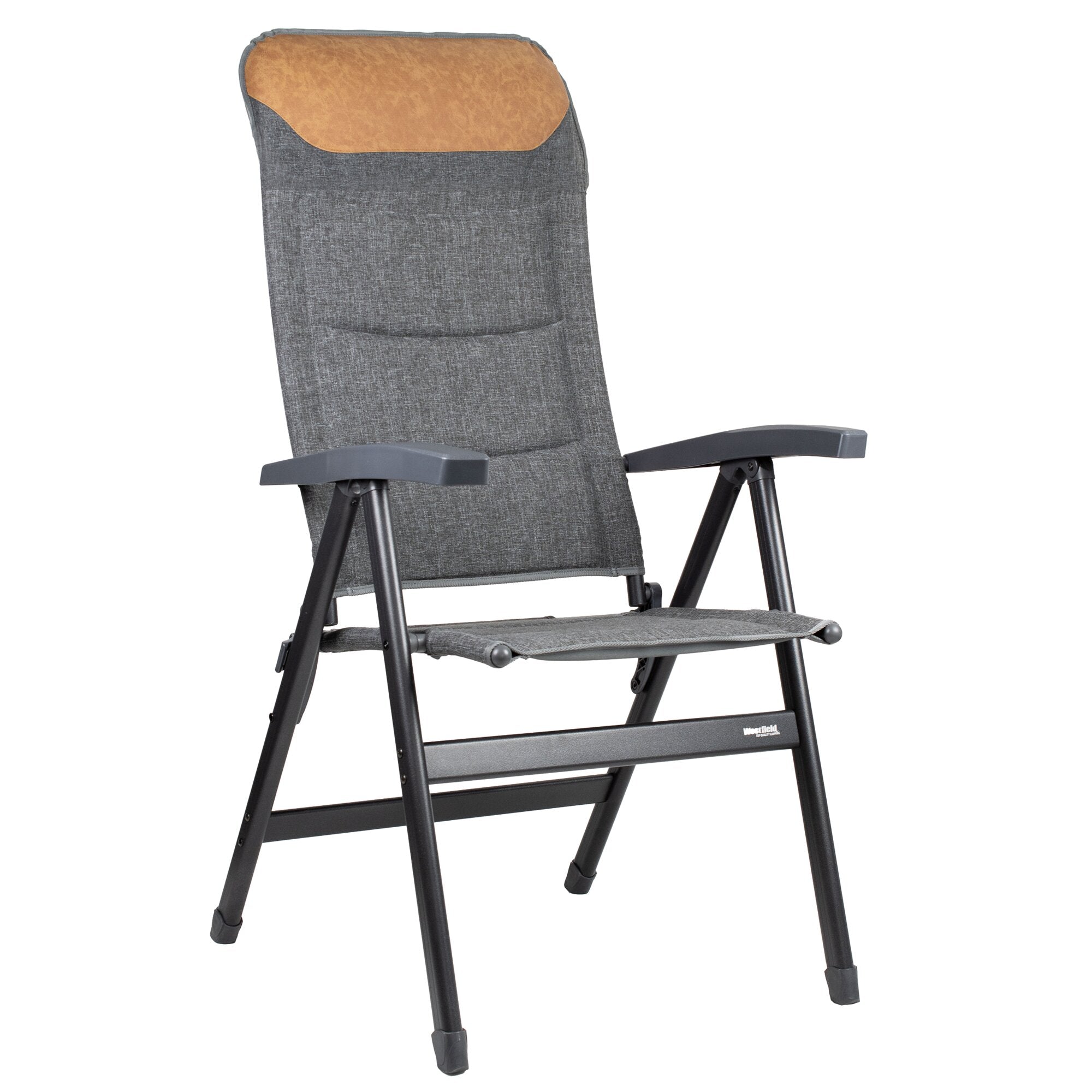 Klappbarer Campingstuhl mit hohem Rückenteil in grauem Stoff, braunem Leder-Top, grauen Armlehnen und schwarzem Metallgestell