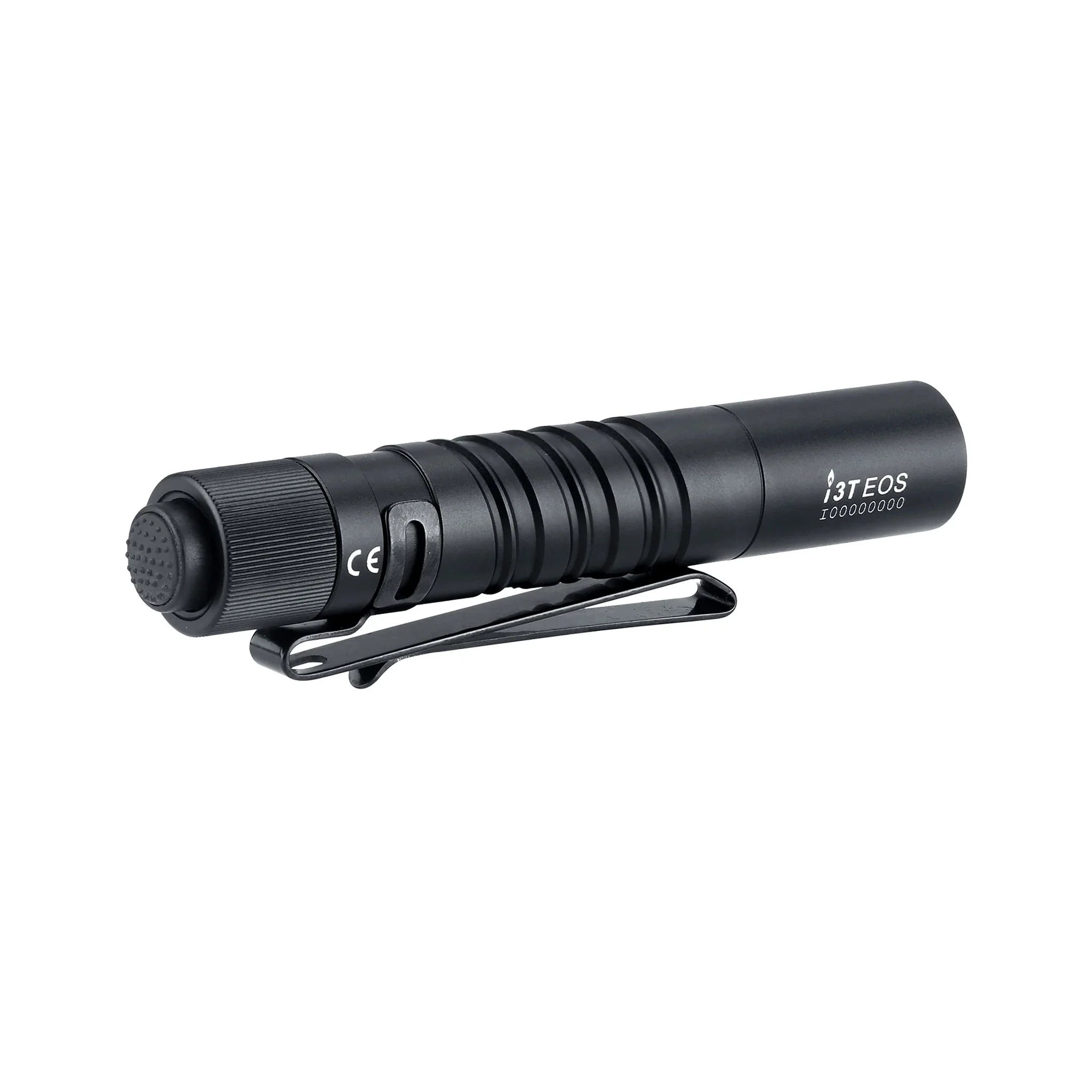 Olight i3T EOS AAA-Taschenlampe schwarz · Endschalter und Clip in Rückansicht