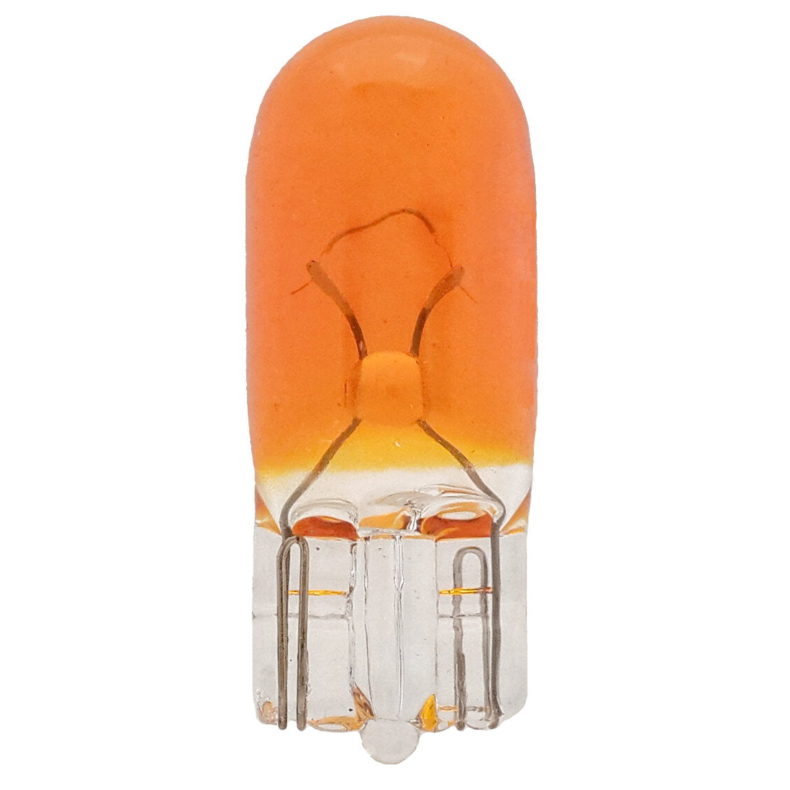 Oranger Glas-Sockellampe W2,1x9,5d für KFZ mit ovalem Oberteil, transparentem unteren Sockelbereich und sichtbaren Metallkontakten am Boden