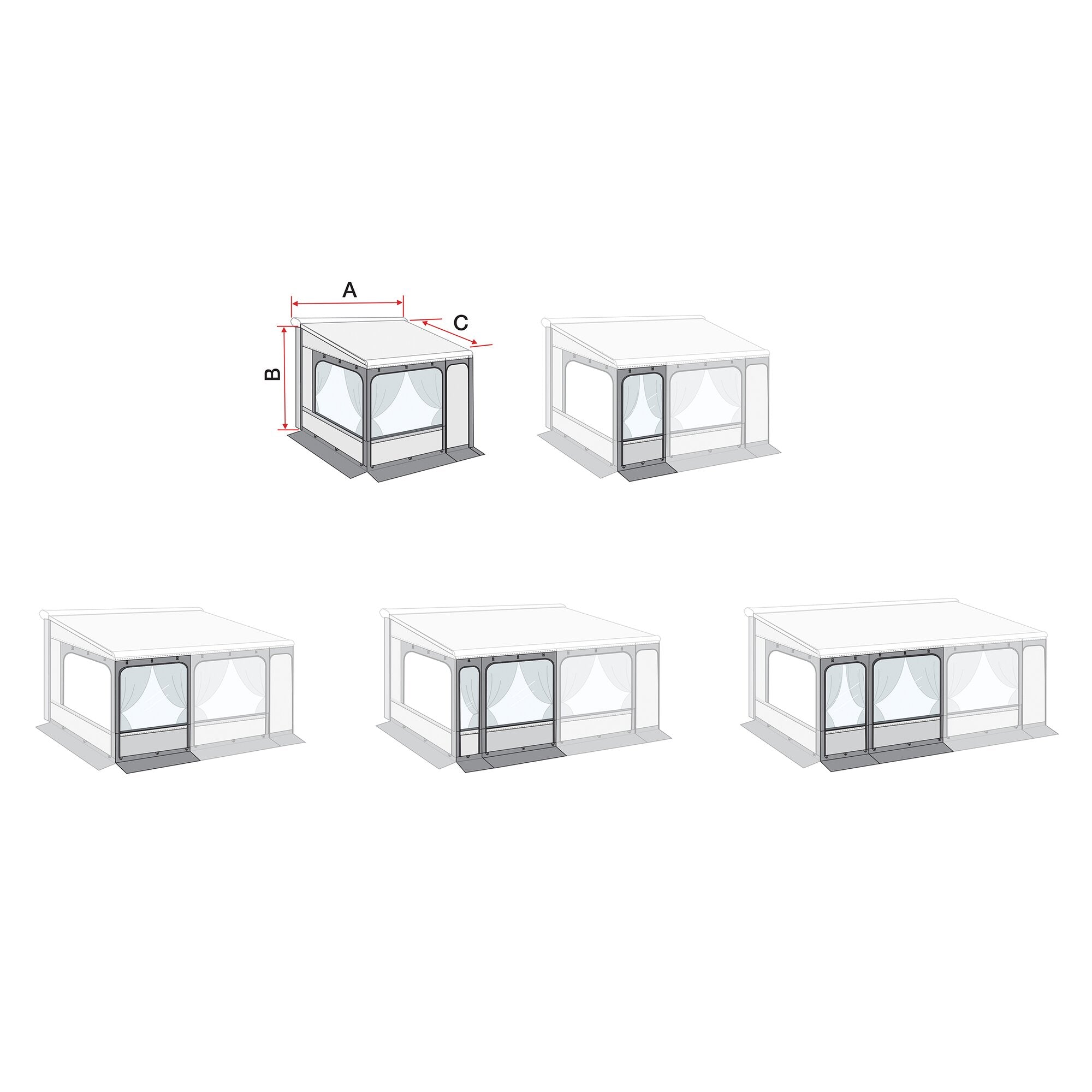 Illustration eines Markisenzelts Privacy Room F80, 300 XL mit Fenstern und Vorhängen, rot markierte Maße A, B, C zeigen Breite, Höhe und Tiefe