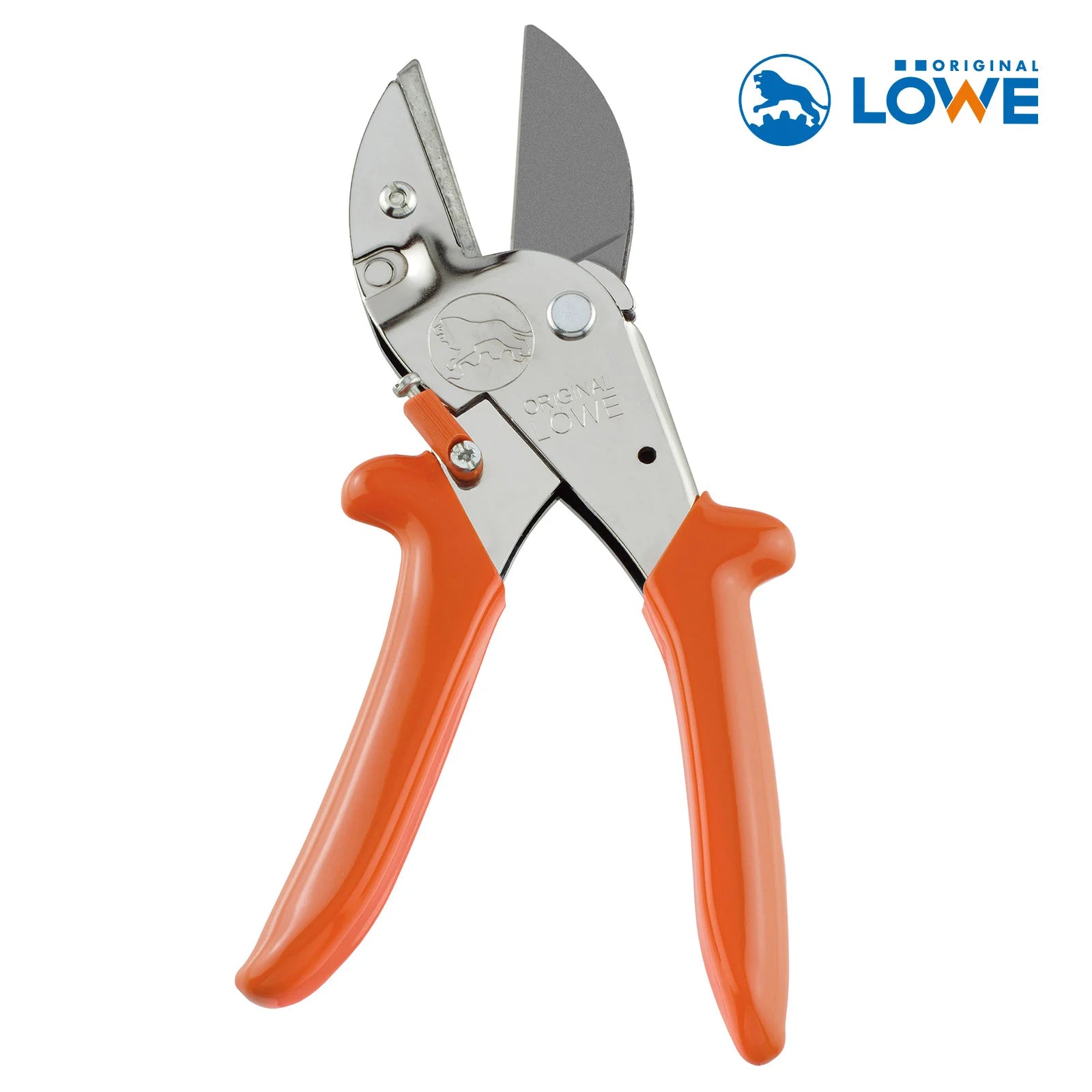 Original LÖWE 1.117 Jagdschere mit orangefarbenen Griffen und geöffneter Klinge