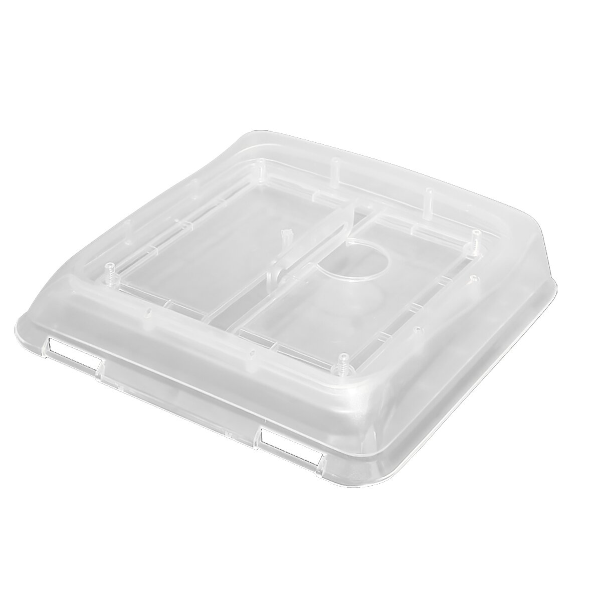 Transparente Ersatzhaube aus Kunststoff für Vent 28, flache rechteckige Basis mit zentraler Rundöffnung und sichtbaren Befestigungsstiften