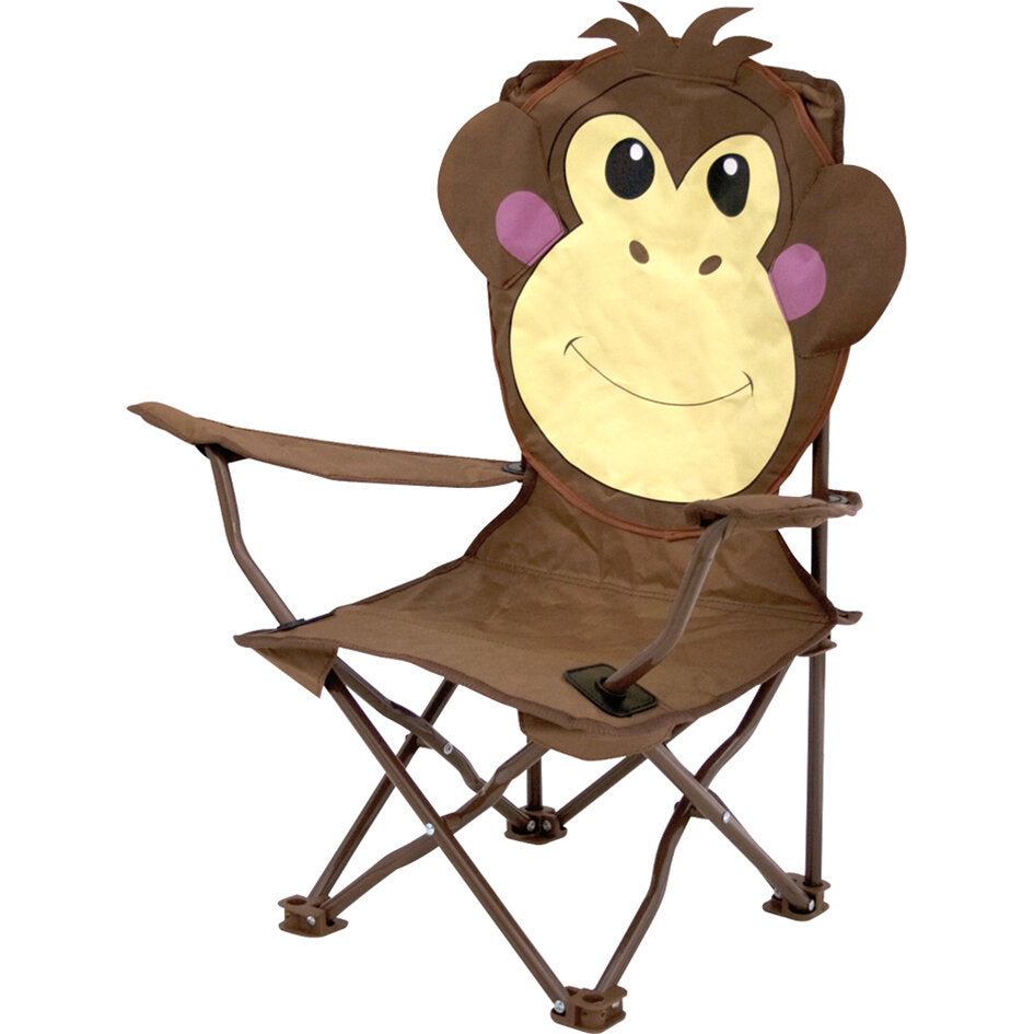 Brauner faltbarer Kinderstuhl mit Rückenteil in Affen-Design; gelb-beiges Gesicht, große Augen, Lächeln, Stoffbezug und Metallrahmen