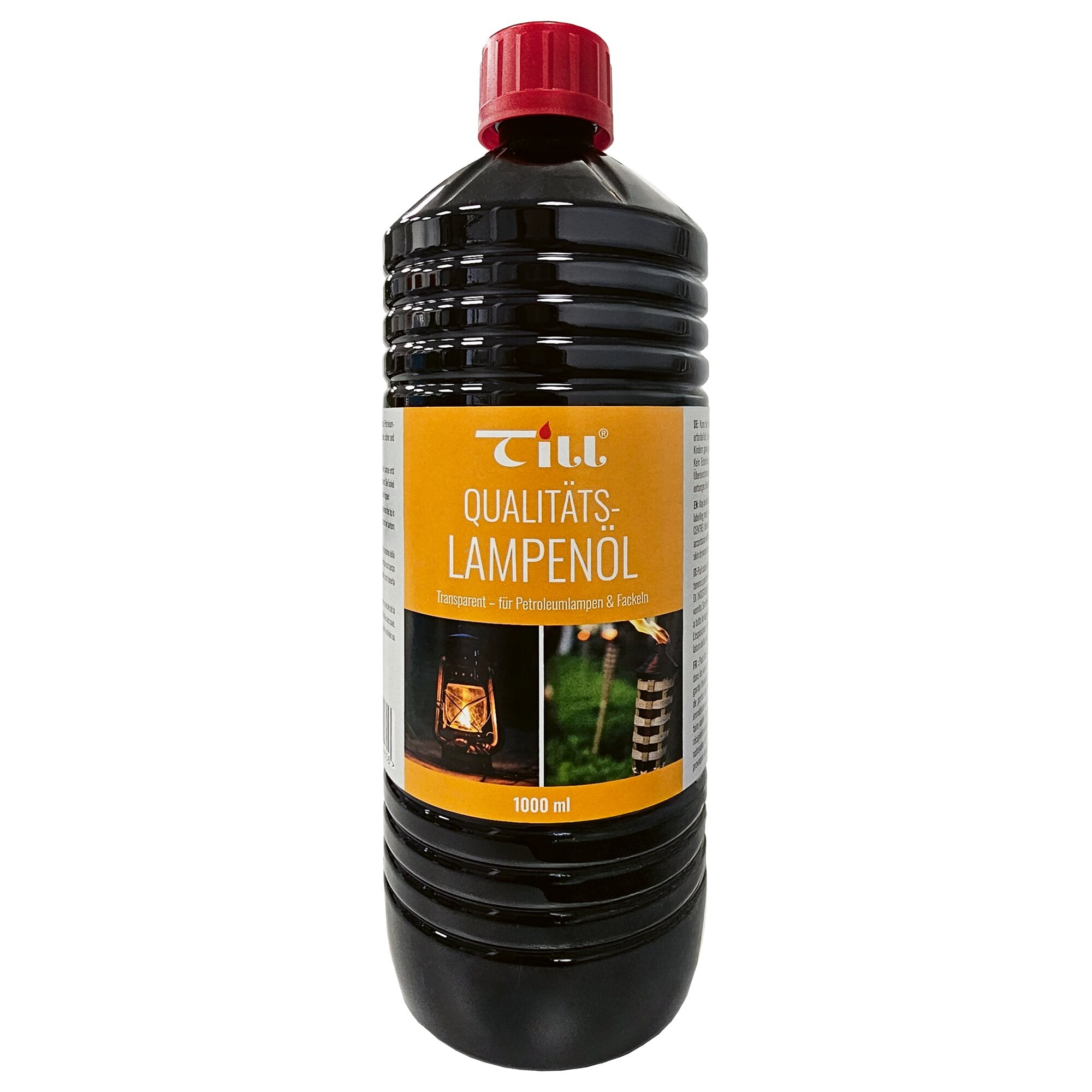 Dunkle Flasche mit rotem Schraubdeckel, gerippter Bauch, orange Etikett mit Qualitäts-Lampenöl und 1000 ml