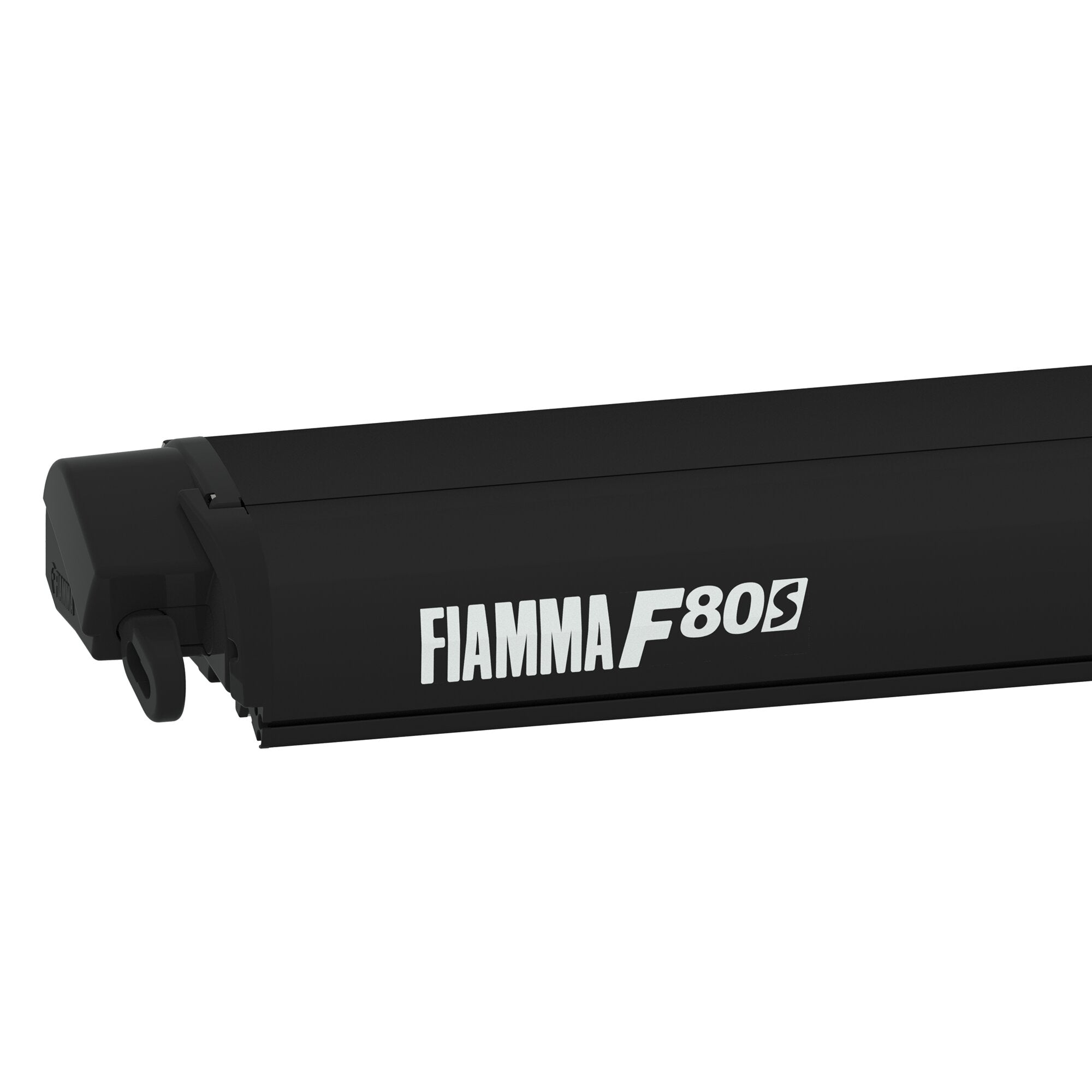 Schwarze Markisenkassette im Seitenansicht, abgerundetes Gehäuse mit weißem FIAMMA E80S-Logo