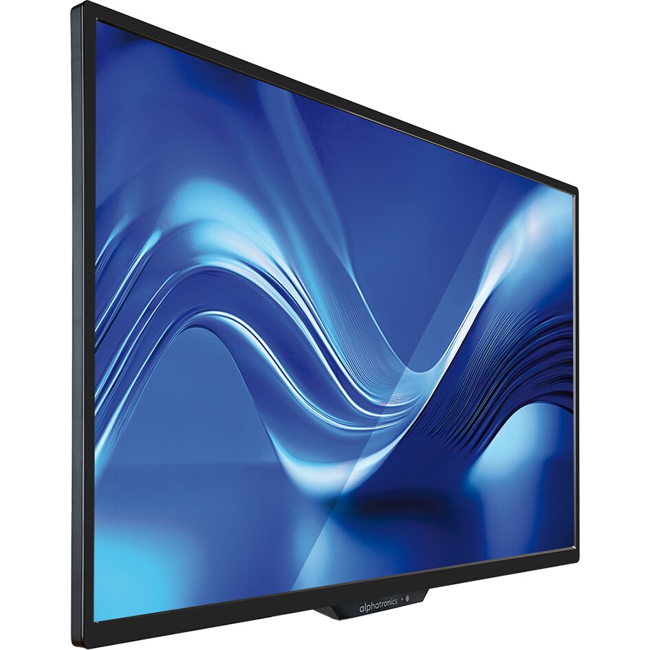 Schwarzer 22-Zoll-Flachbildfernseher in Seitenansicht mit schmalem Rahmen, blauem Wellenmuster auf dem Display, Logo von Alphatronics unten