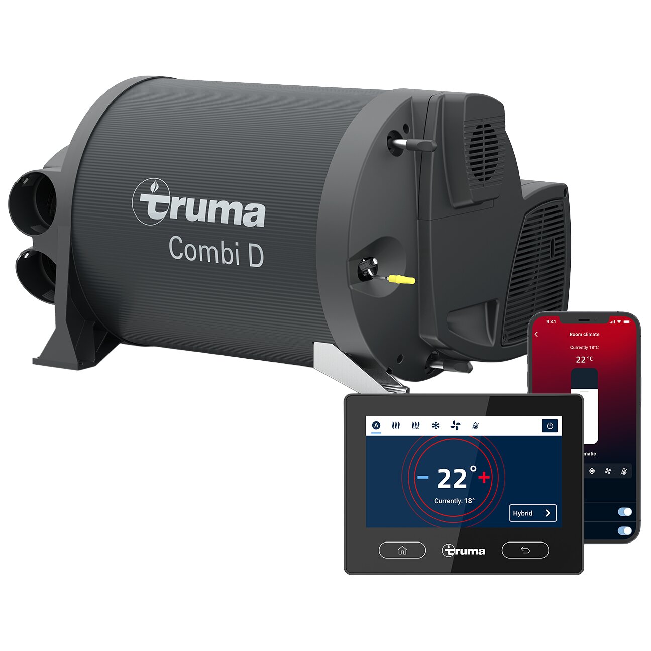 Truma Combi D Heiz- und Warmwasserboiler, 6000 W, dunkelgrau, seitliche zwei Anschlüsse links, Lüftungsgitter rechts, Tablet-Steuerung und Smartphone-App sichtbar