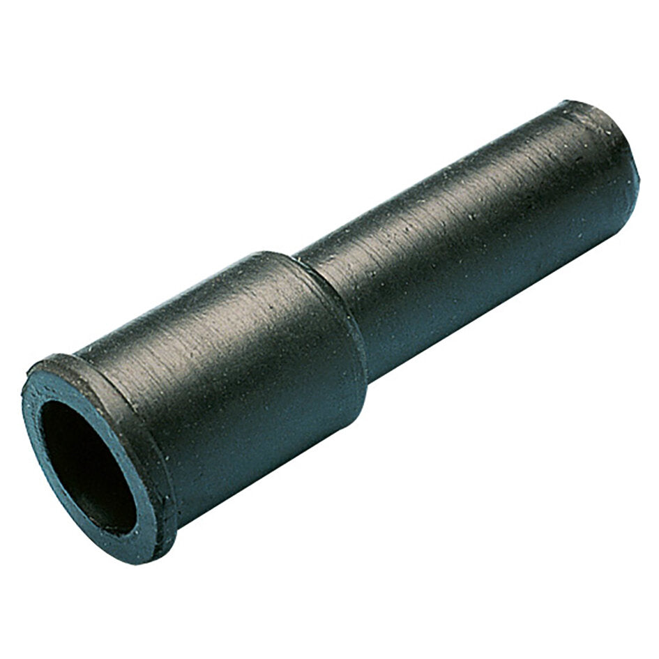 Schwarze Gummidichtungstülle in zylindrischer Form mit blauem Innenring, kurze Hülse mit erweitertem Rand, für F-Stecker 7 mm