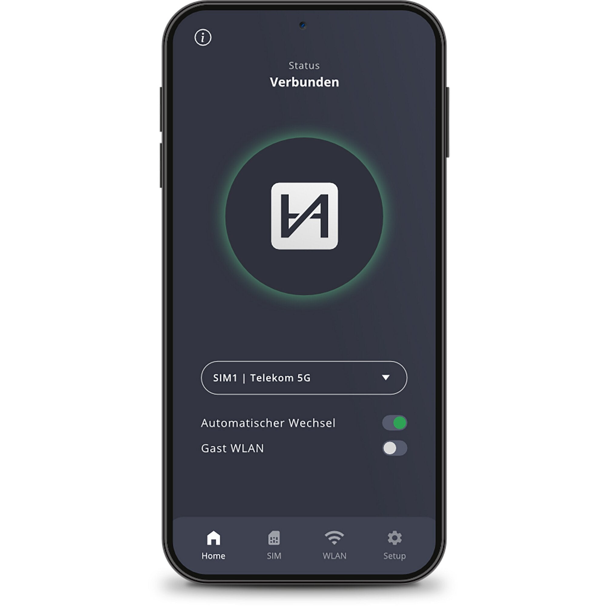 Smartphone-Bildschirm zeigt Router-App: Status Verbunden, Kreislogo mit grünem Leuchteffekt, SIM1 Telekom 5G, Automatischer Wechsel, Gast WLAN, Menü Home SIM WLAN Setup