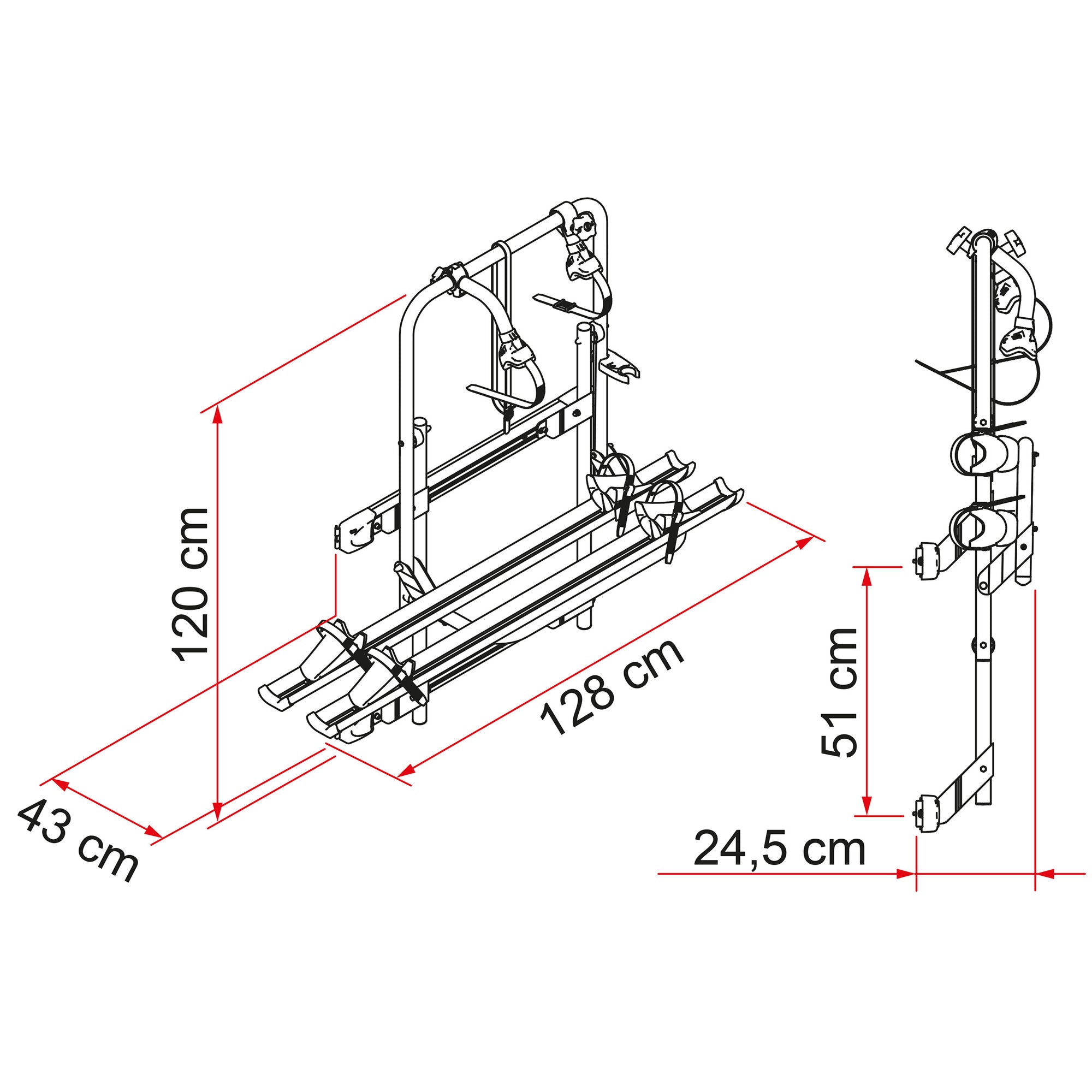 Technische Zeichnung des Fahrradträgers Carry-Bike 200 DJ Ducato mit Abmessungen in Rot: Länge 128 cm, Tiefe 24,5 cm, Höhe 150 cm