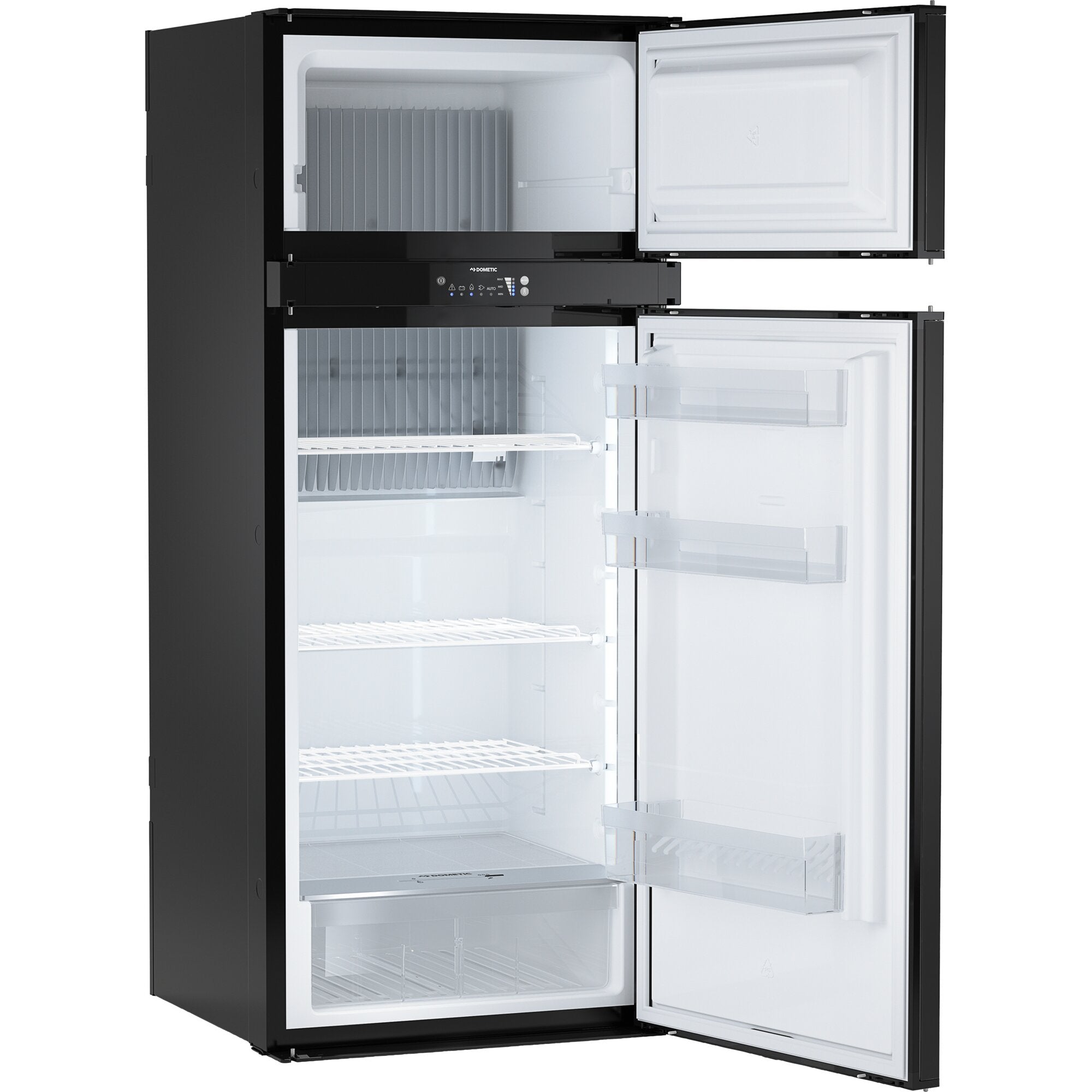 Dometic RMD 10.5G Absorberkühlschrank, schwarzer Einbaukühlschrank mit zwei Türen geöffnet, Gefrierfach oben, Kühlfach unten, verstellbare Ablagen