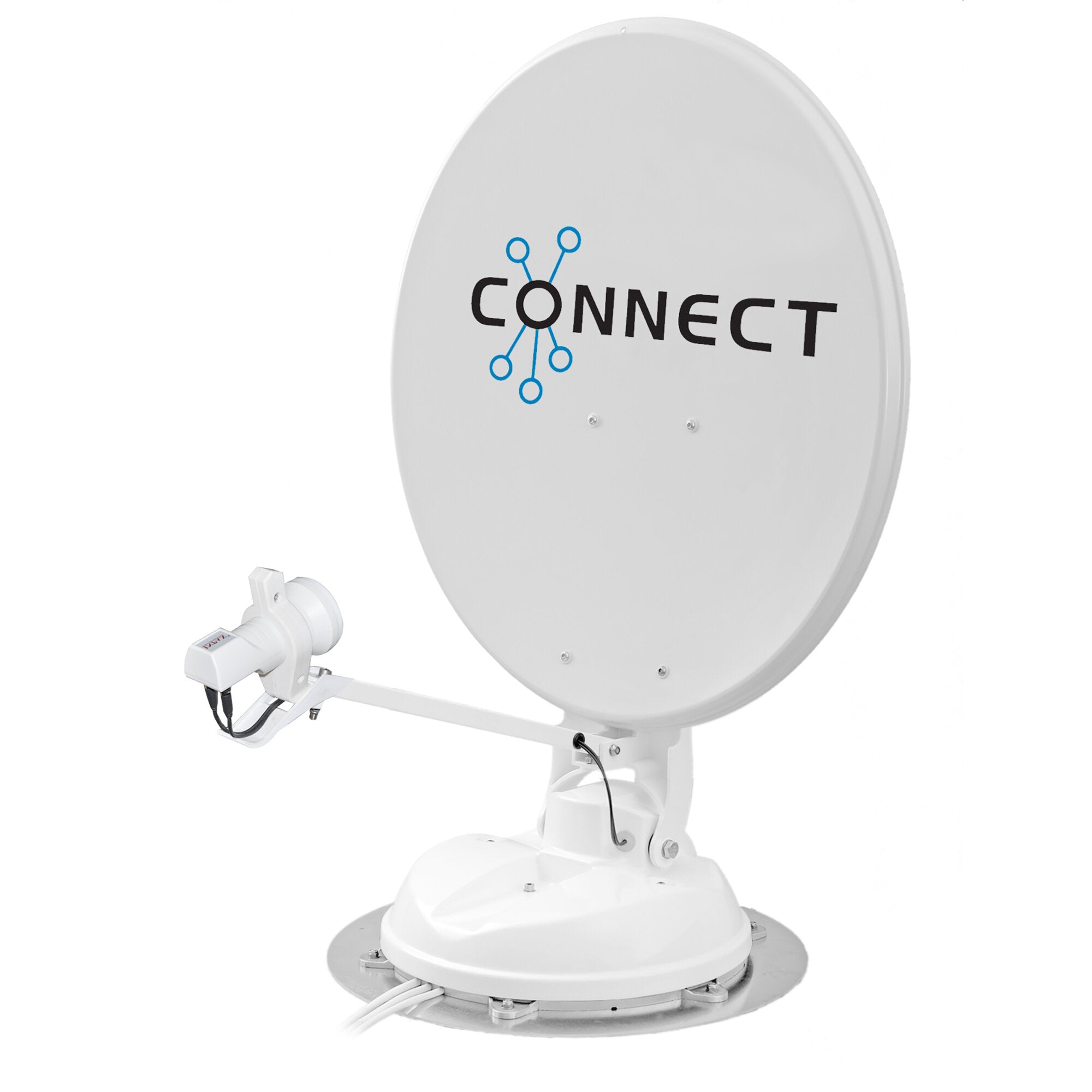 Große weiße Satellitenschüssel mit 50 cm Durchmesser, Montierungsarm und LNB-Baugruppe, sichtbar ist das CONNECT-Logo mit blauem Netzsymbol
