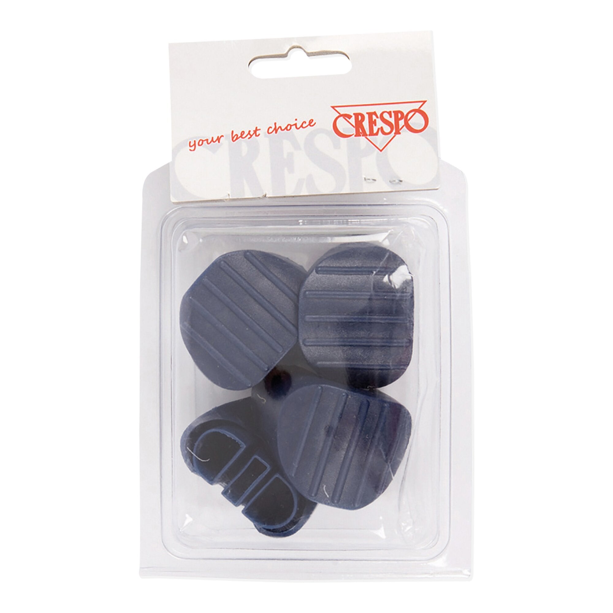 Mehrteilige blaue Fußstopfen aus Gummi in transparenter Blisterverpackung, Karte mit rotem Crespo-Logo und dem Schriftzug your best choice sichtbar