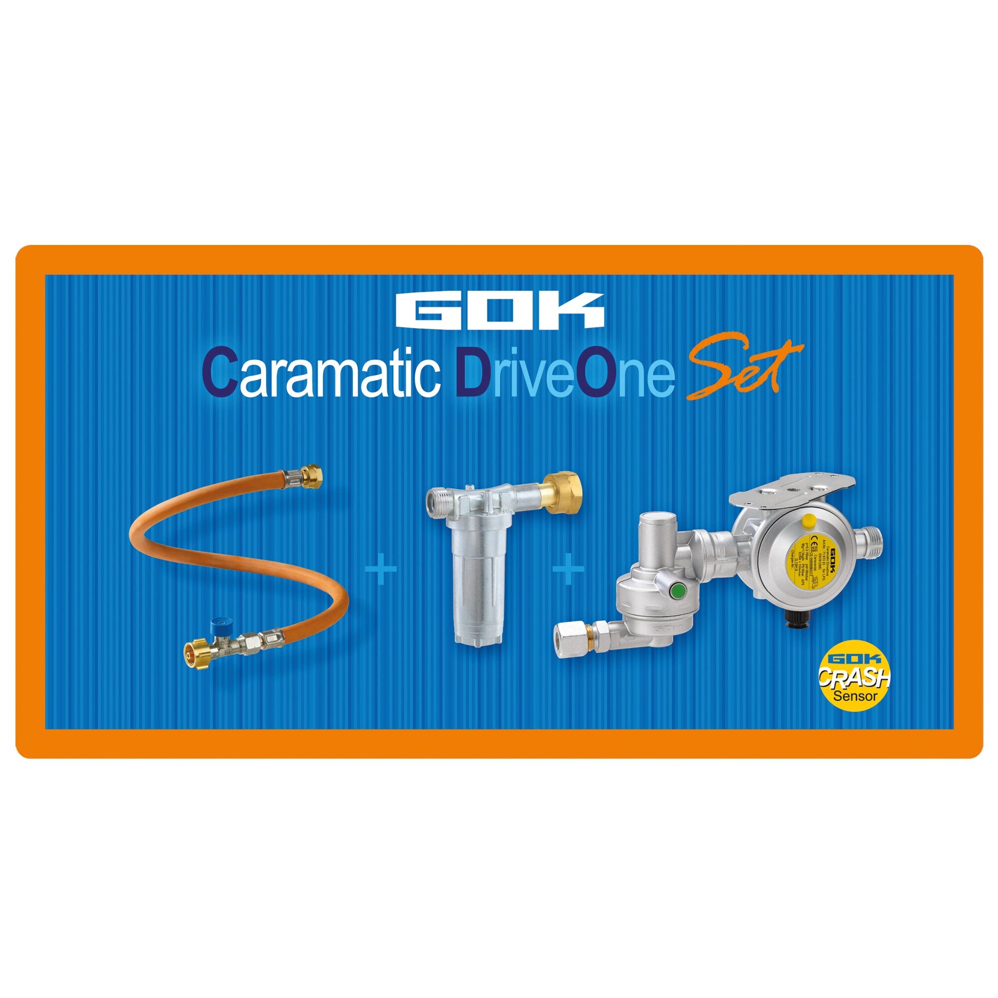 Horizontale Verpackung der Caramatic DriveOne Set Sicherheits-Gasdruck-Regelanlage; orange Rahmen, blaue Fläche, sichtbare Schlauchverbindungen und Ventile