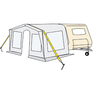 Großes Campingzelt neben einem Wohnwagen; gelbe Abspannbänder führen von oberen Befestigungen zu Bodenhaken und sichern das Zelt