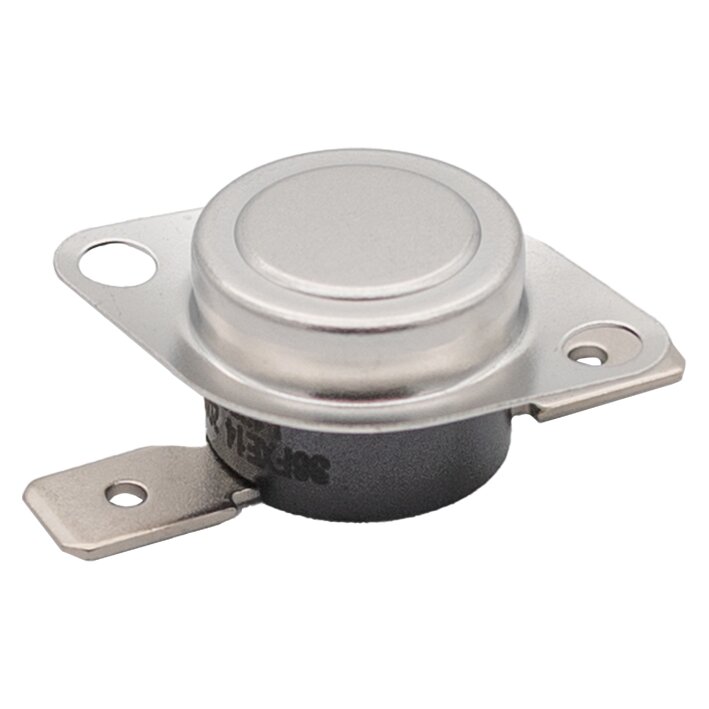 Begrenzer 36FXE14, runder silberner Knopf auf schwarzem Gehäuse, flache Metallflanschplatte mit zwei Befestigungsbohrungen