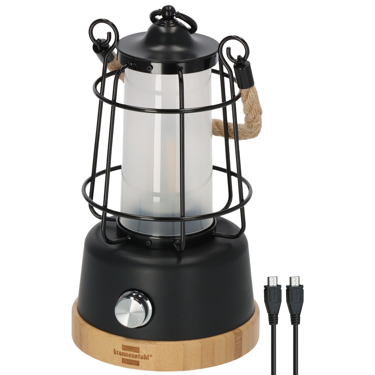 Campinglampe mit schwarzem Metallrahmen um einen Glaszylinder, Holzsockel und Seilgriff; USB-Kabel liegen daneben