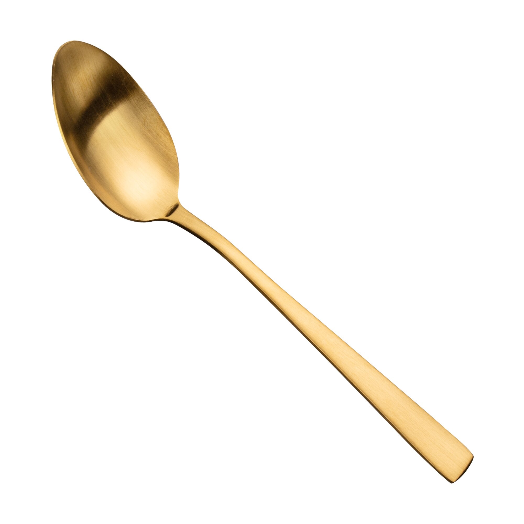 Goldfarbener Löffel aus Edelstahl in Nahaufnahme vor weißem Hintergrund, gebürstete Oberfläche, diagonal ausgerichtet