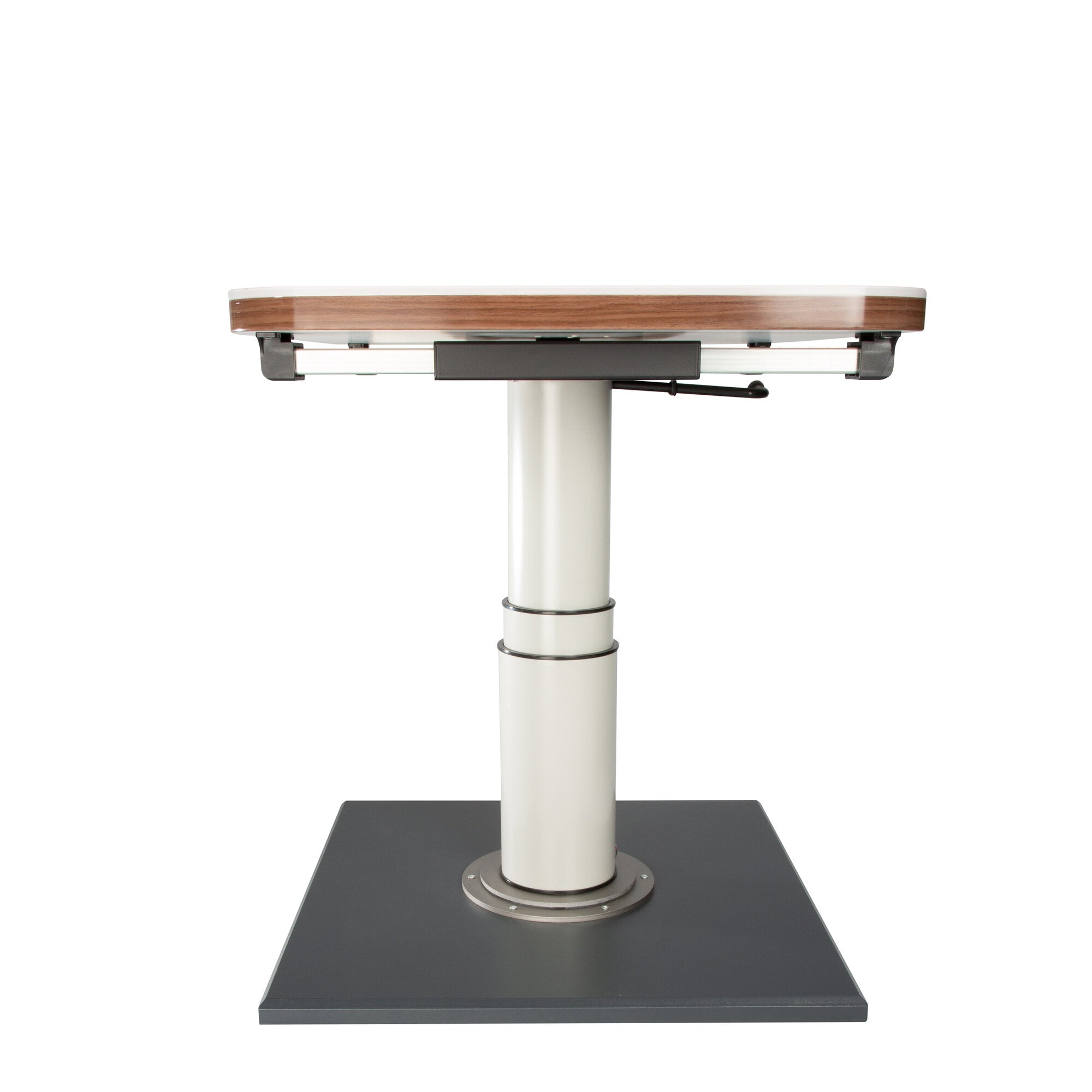Weißes Ein-Säulen-Tischgestell mit Holzrand; zentrale Säule, Metallträger und schwarze Grundplatte sichtbar, Fokus auf dem Mechanismus