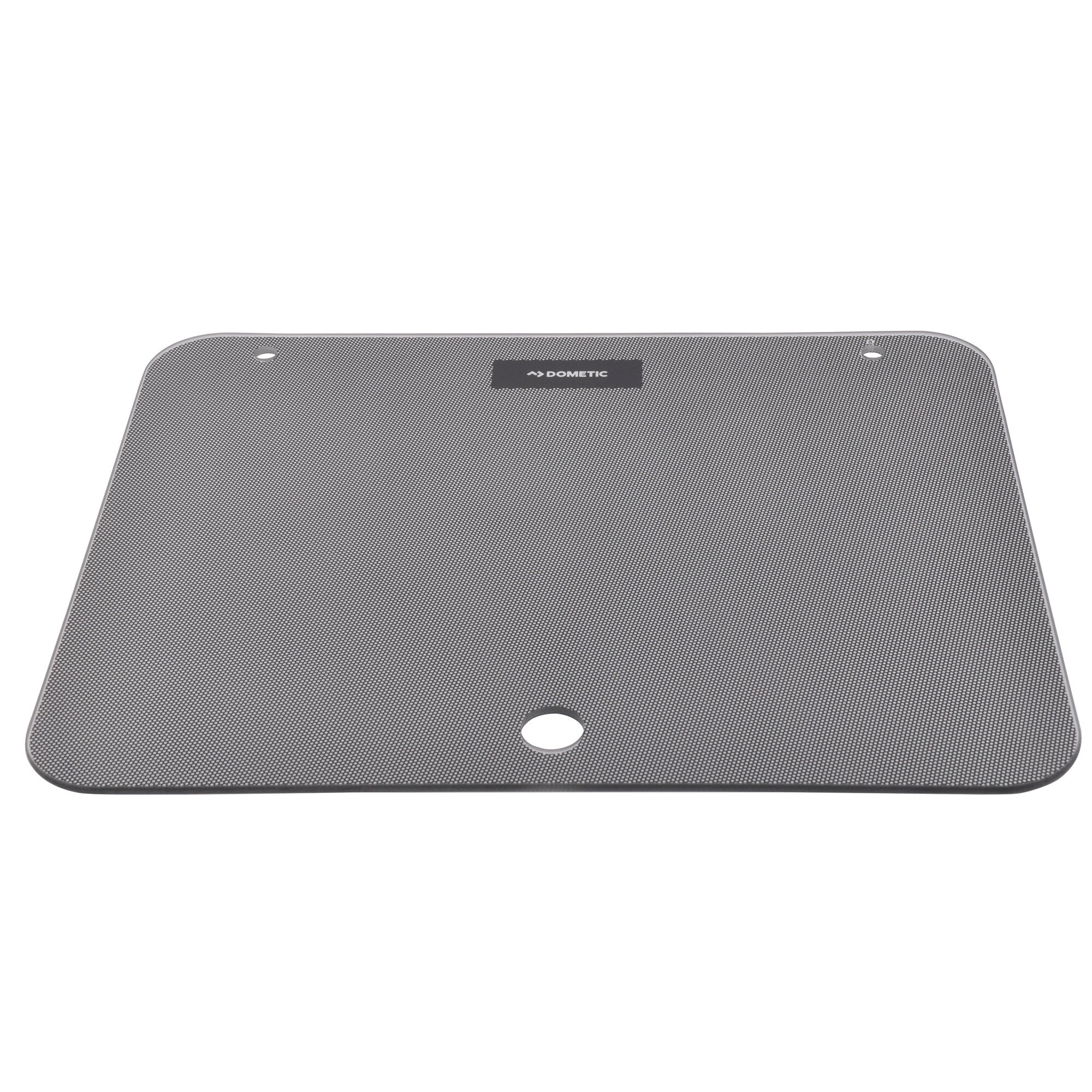 Glasabdeckung 52 cm, rechteckig mit abgerundeten Ecken, graue Netzoberfläche, zwei Bohrlöcher oben und zentrale Lochung mit DOMETIC-Logo