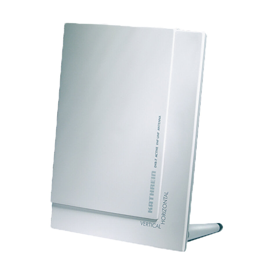 Weiße flache DVB-T Indoorantenne mit kleinem Standsockel, seitlich bedruckt mit Kathrein-Beschriftung und Vertical/Horizontal, Modell BZD 30