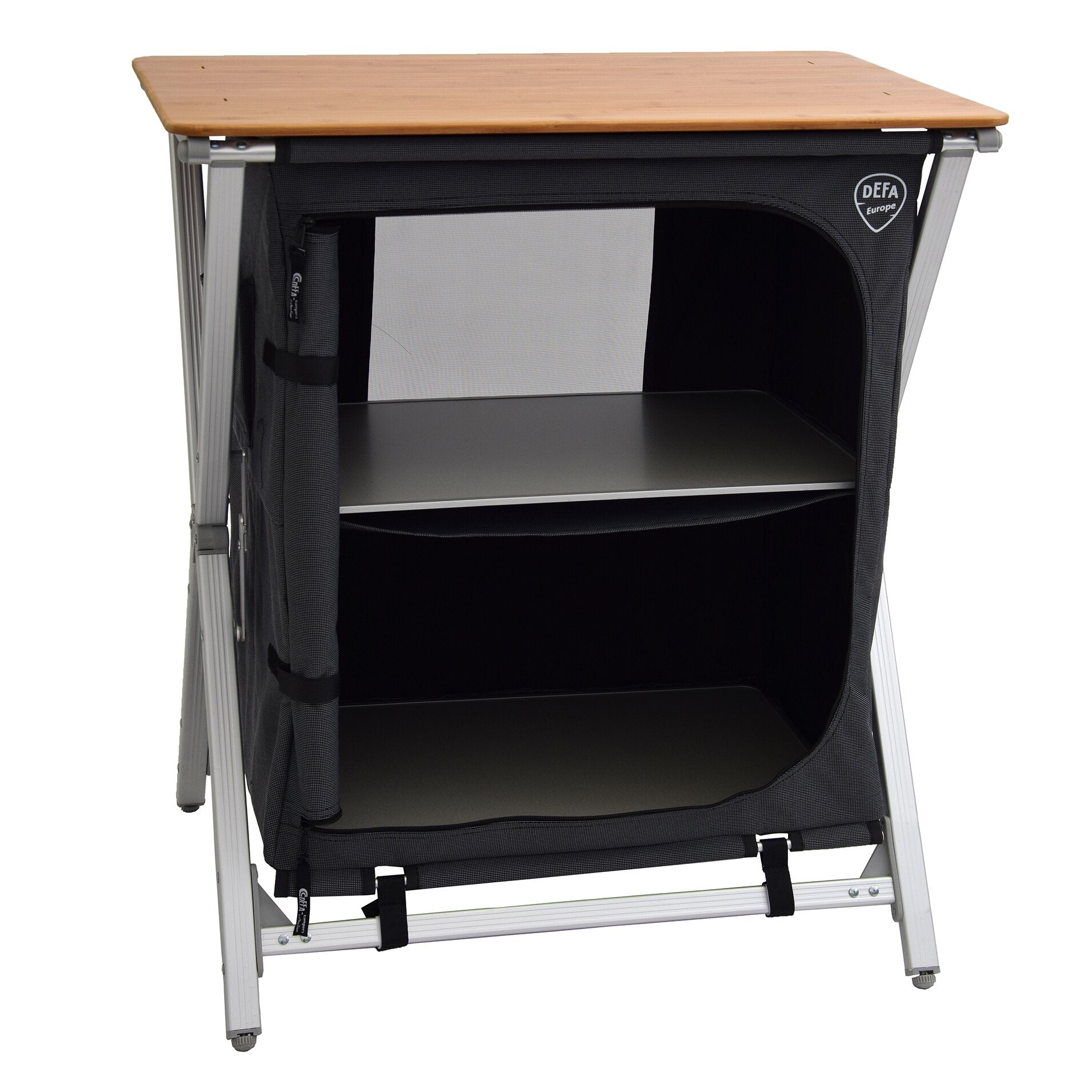 Campingschrank Easy Folding, 75 cm breit, Holzplatte, Alurahmen und dunkelgraue Stofffront mit DEFA-Logo, offener Innenraum mit Ablage