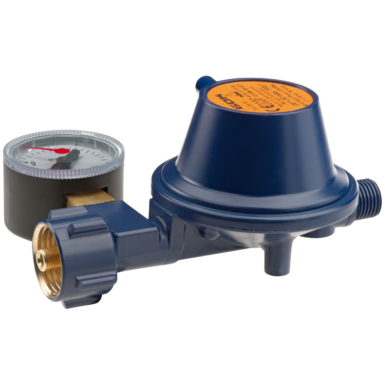 Niederdruckregler mit Manometer, blaues Gehäuse, orange Deckel, seitlicher Messinganschluss, Marine-Ausführung EN61 1,5 kg/h